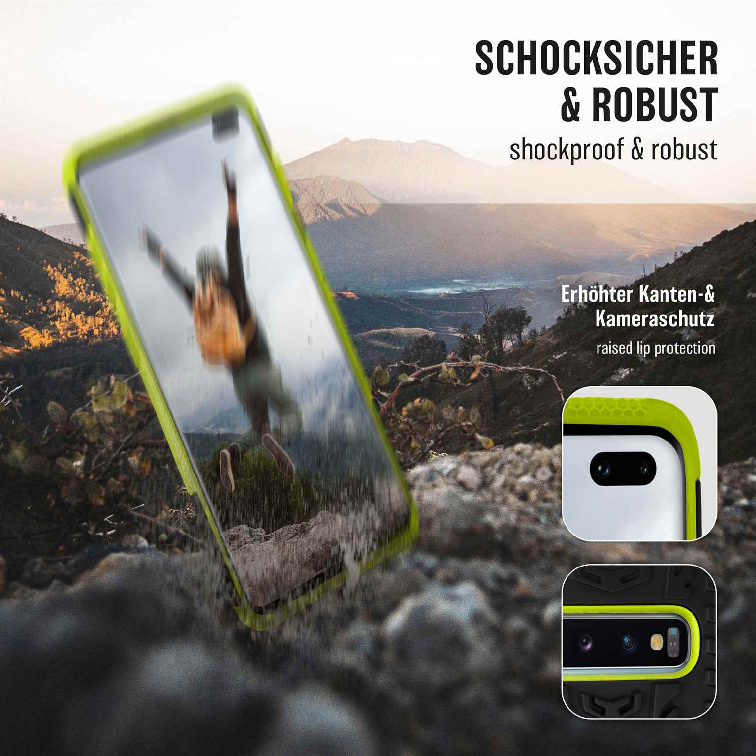 Handyhülle mit Bild einer Person. Die Hülle ist stoßfest und robust, mit erhöhten Kanten.