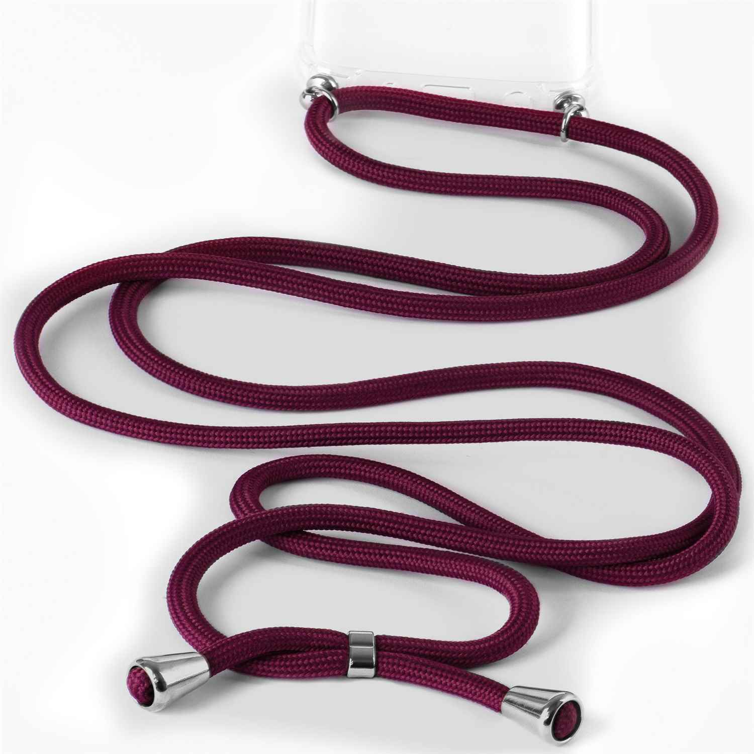 Burgunderfarbenes Handy-Lanyard mit klarer Handyhülle. Weißer Hintergrund.