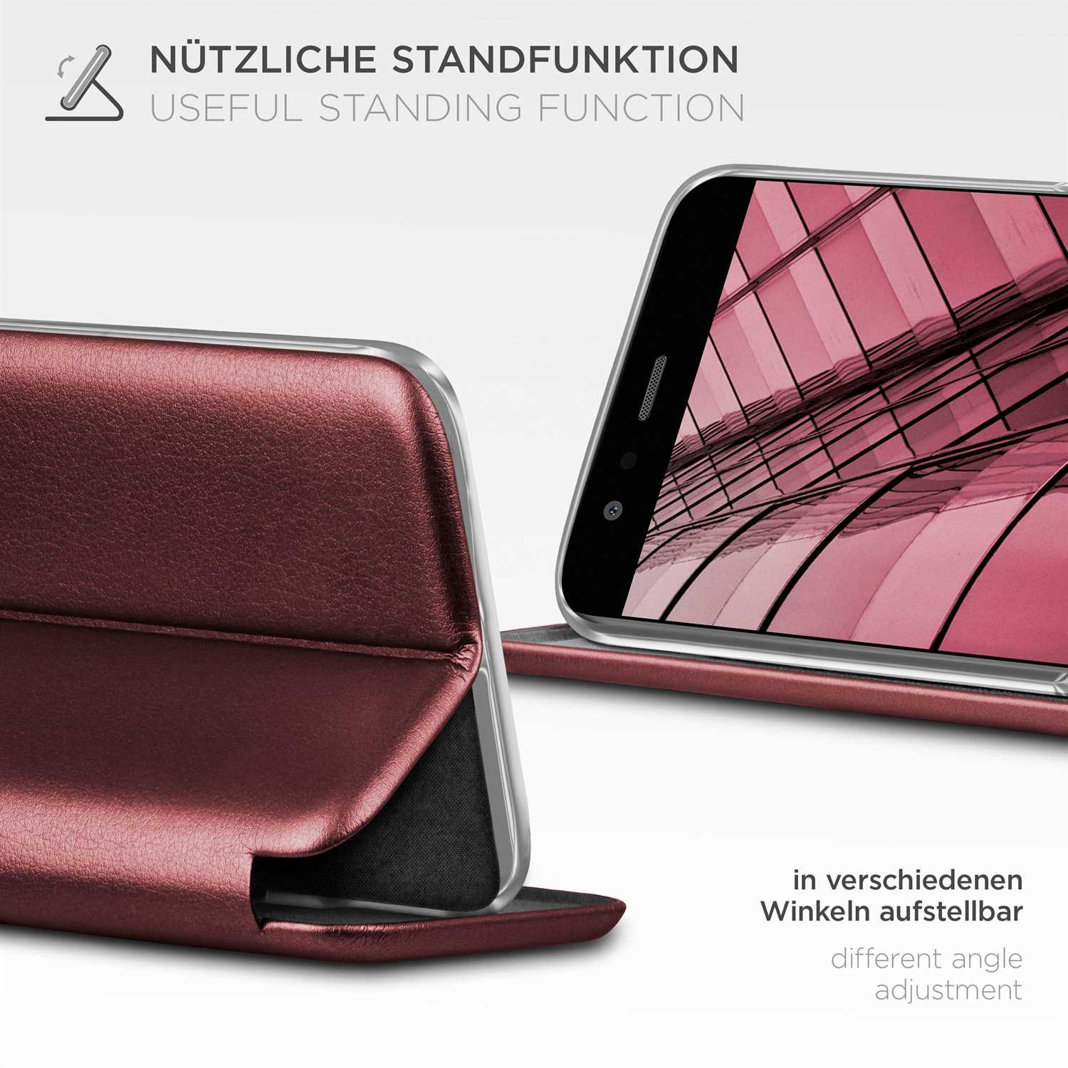 Weinrote Handyhülle, offen, mit einem Telefon darin. Zeigt eine Standfunktion.