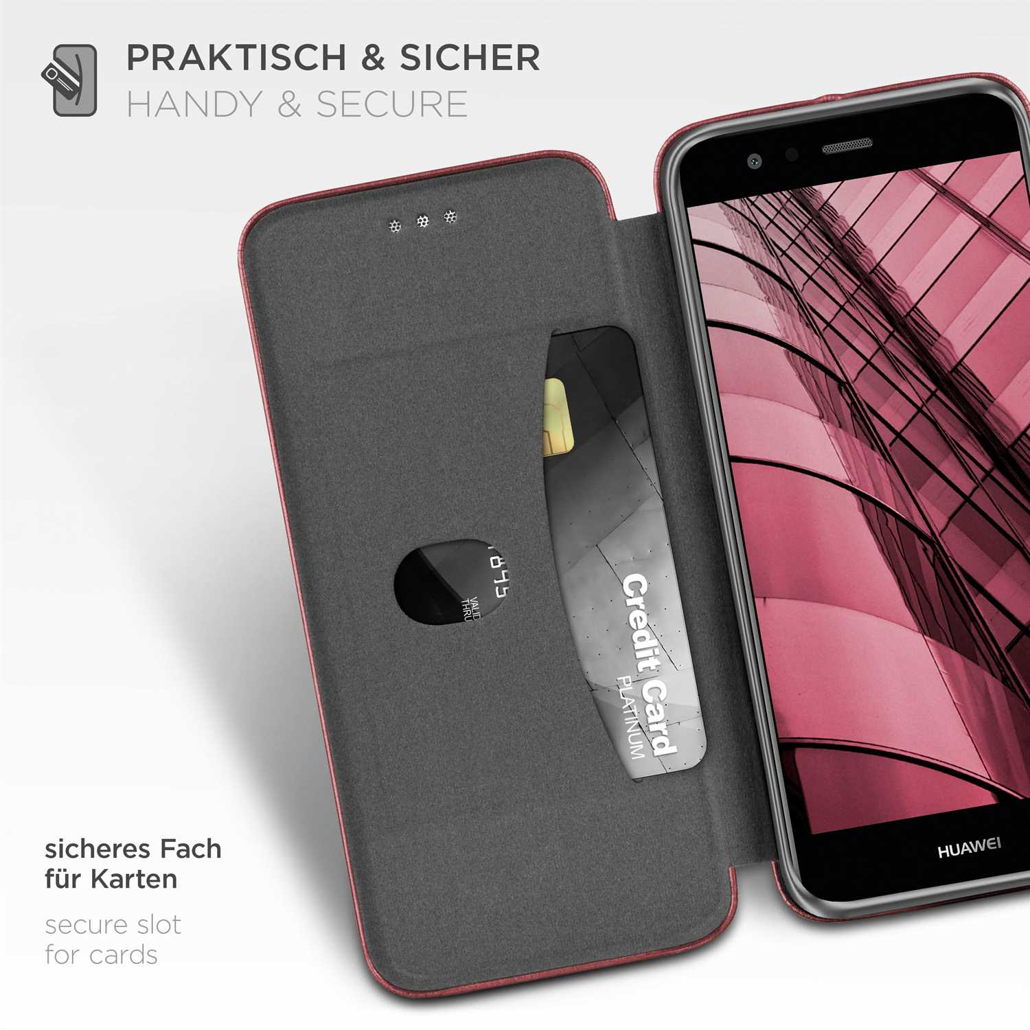 Ein Telefon in einer roten Hülle ist geöffnet und zeigt einen Kartensteckplatz und eine Kreditkarte. Der Hintergrund ist weiß.
