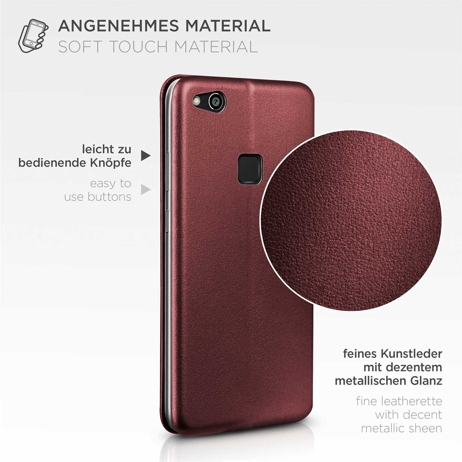 Burgunderfarbene Handyhülle mit Nahaufnahme der Textur. Text beschreibt leicht zu bedienende Knöpfe und Soft-Touch-Material.