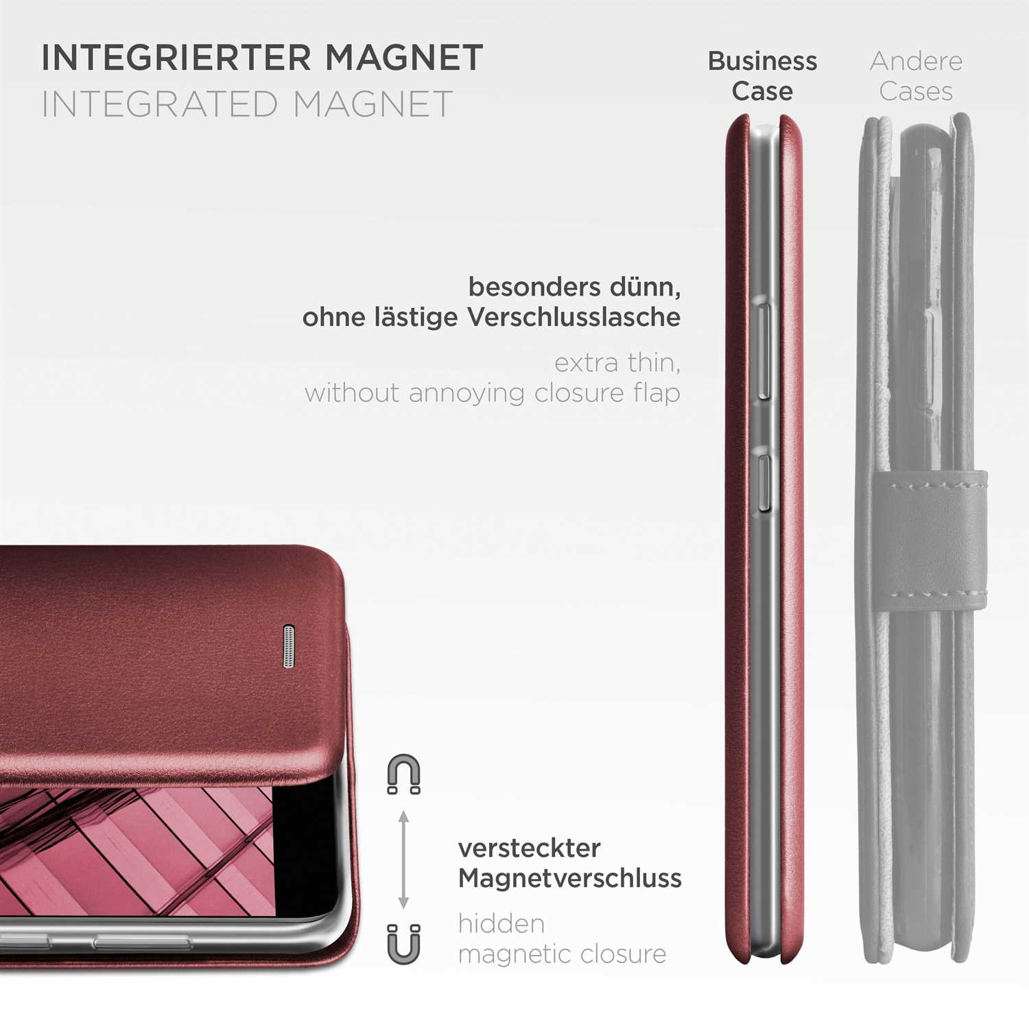 Rote Handyhülle mit verstecktem Magnetverschluss. Text zu den Eigenschaften.