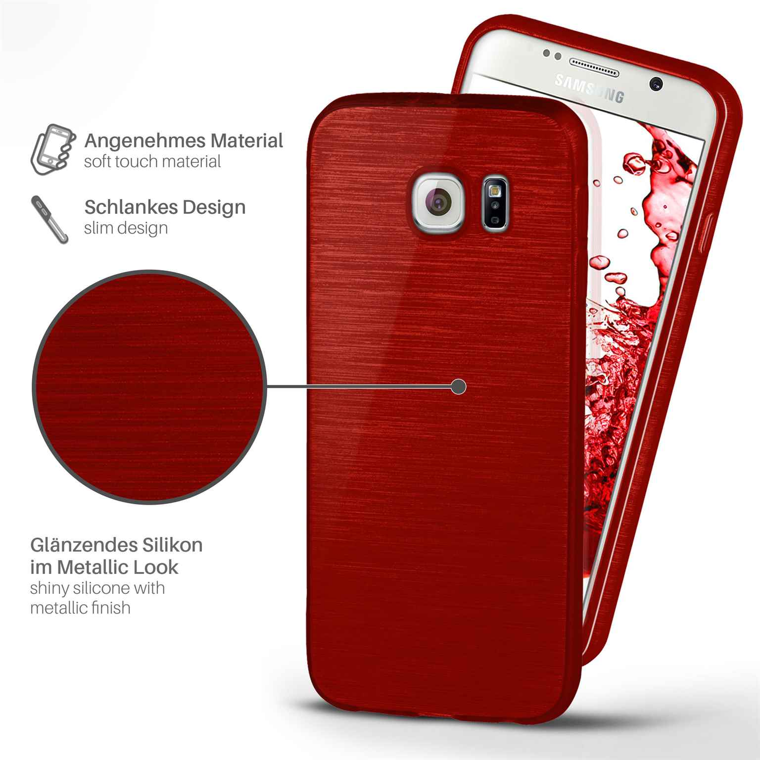 Rote Handyhülle mit Telefon. Glänzendes Silikon mit Metallic-Finish. Text und Details vorhanden.
