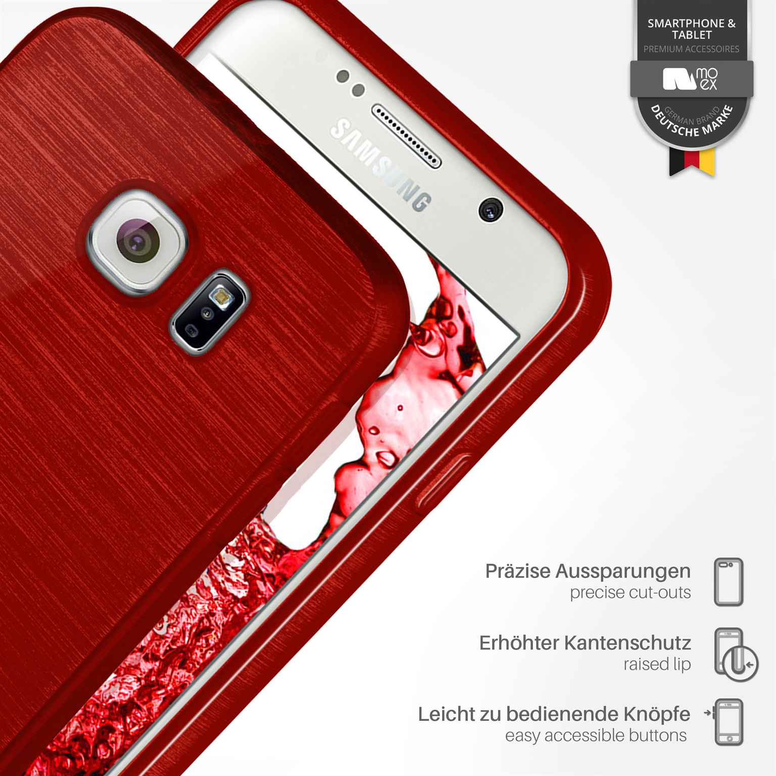 Rote Handyhülle mit Telefon darin. Präzise Aussparungen und erhöhte Lippen-Details.