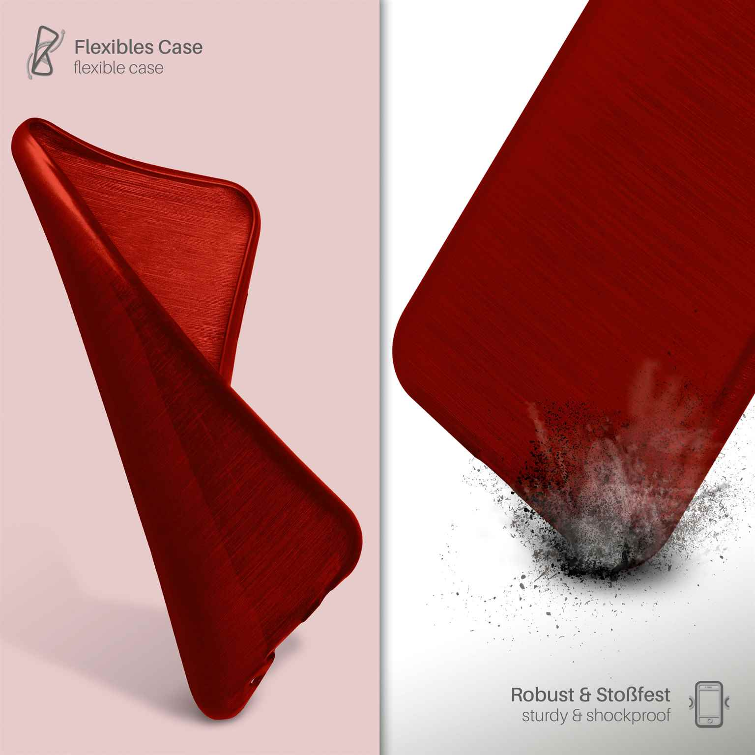 Rote Handyhülle mit gebürsteter Metallstruktur. Zeigt einen Kratzereffekt und ein robustes Design.