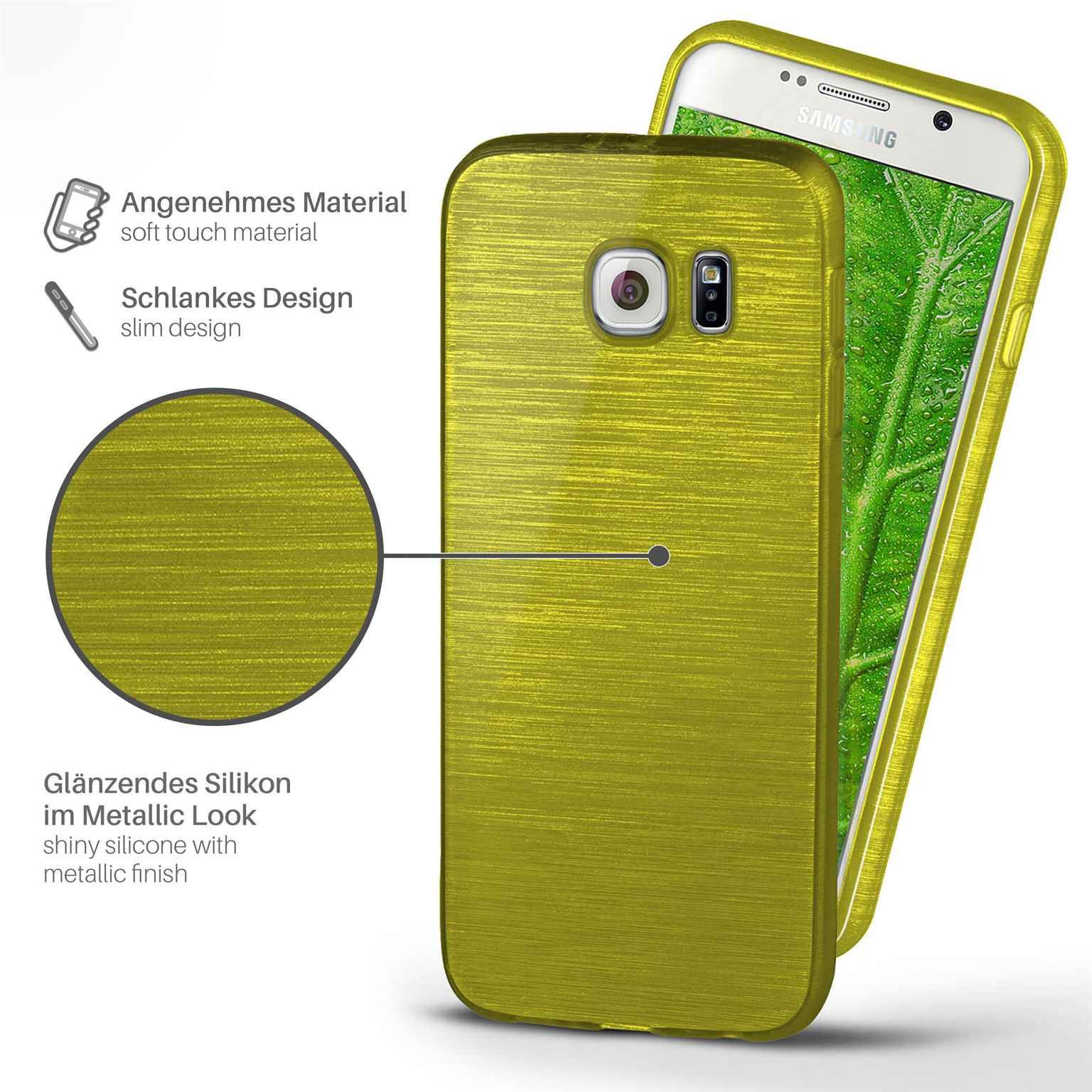 Grüne Handyhülle mit Telefon darin. Die Hülle hat einen strukturierten Metallic-Look.