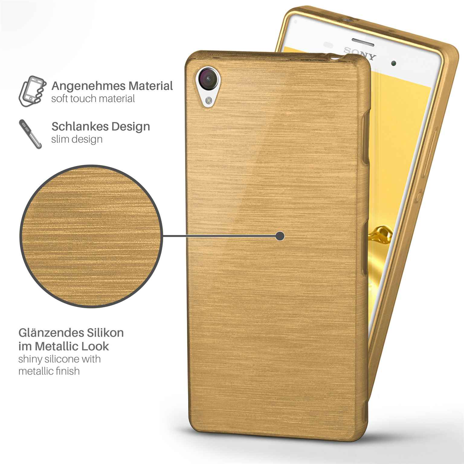 Goldfarbene Handyhülle auf einem weißen Telefon. Die Hülle hat einen Metallic-Look und ein schlankes Design.