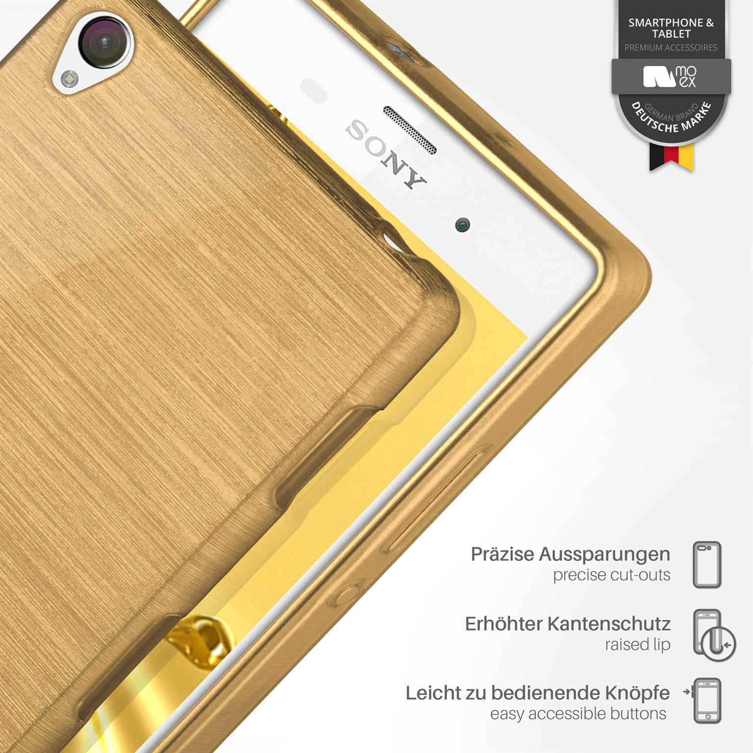 Goldenes Handycase auf einem Handy. Text über Aussparungen, erhöhte Lippe und einfache Knöpfe.
