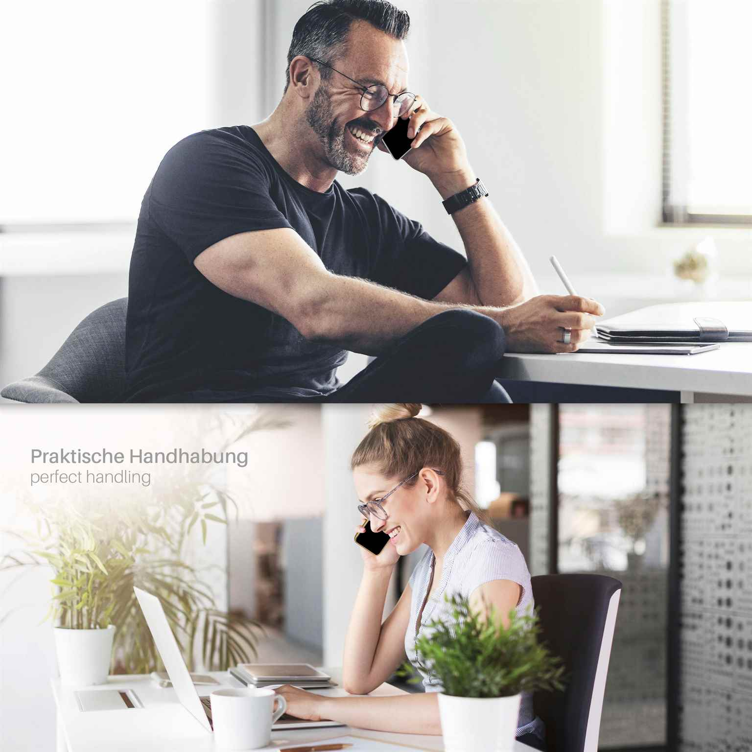 Ein Mann und eine Frau telefonieren. Der Mann ist glücklich, die Frau lächelt, beide benutzen ein Telefon.