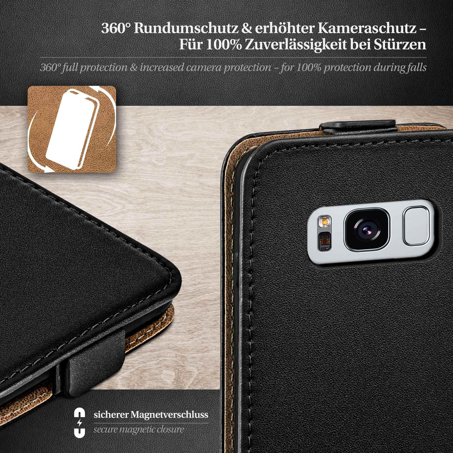 Schwarze Handyhülle. Text: '360° Rundumschutz & erhöhter Kameraschutz - für 100% Zuverlässigkeit'.