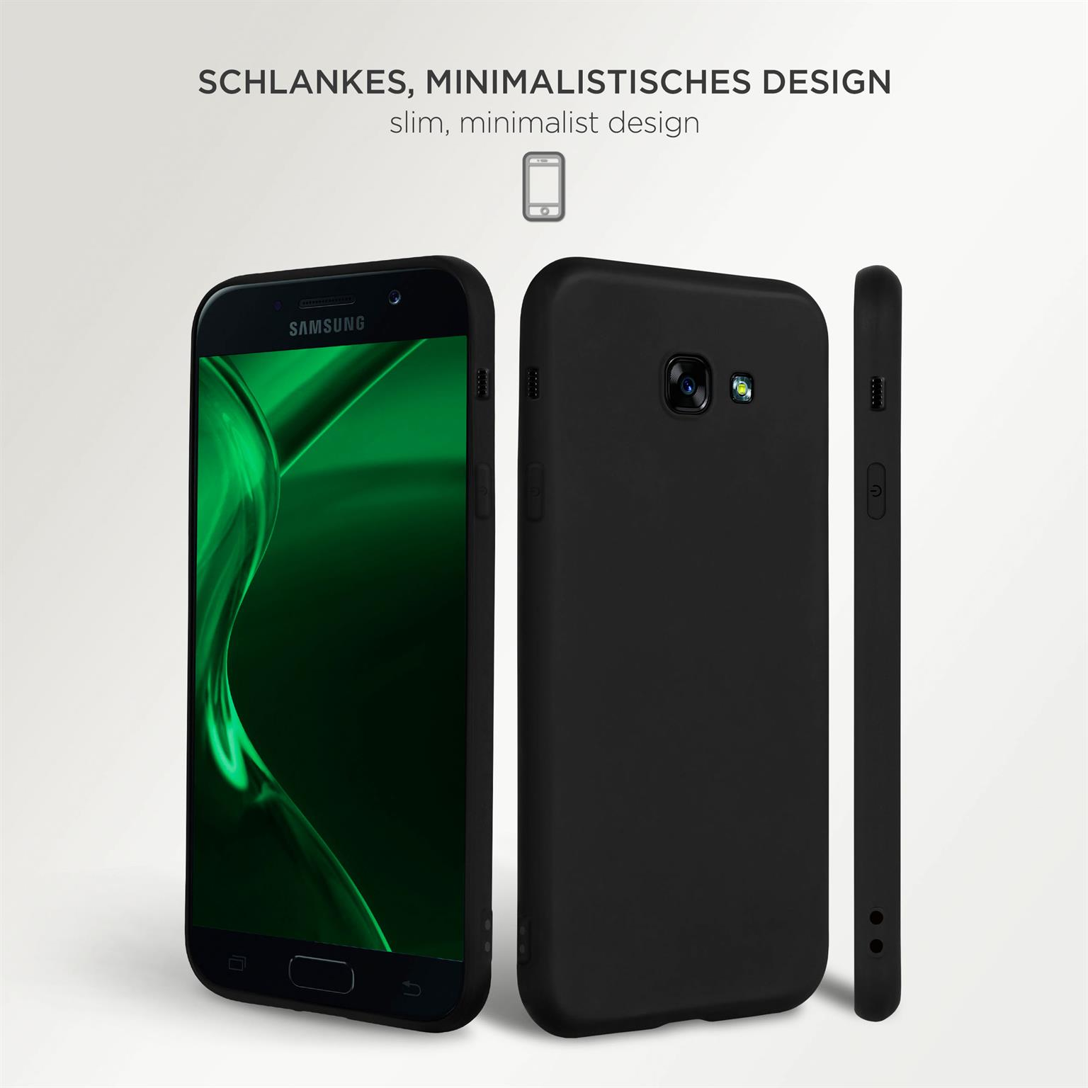 Schwarzes Telefon in schlanker, minimalistischer Hülle. Seiten-, Vorder- und Rückansicht.