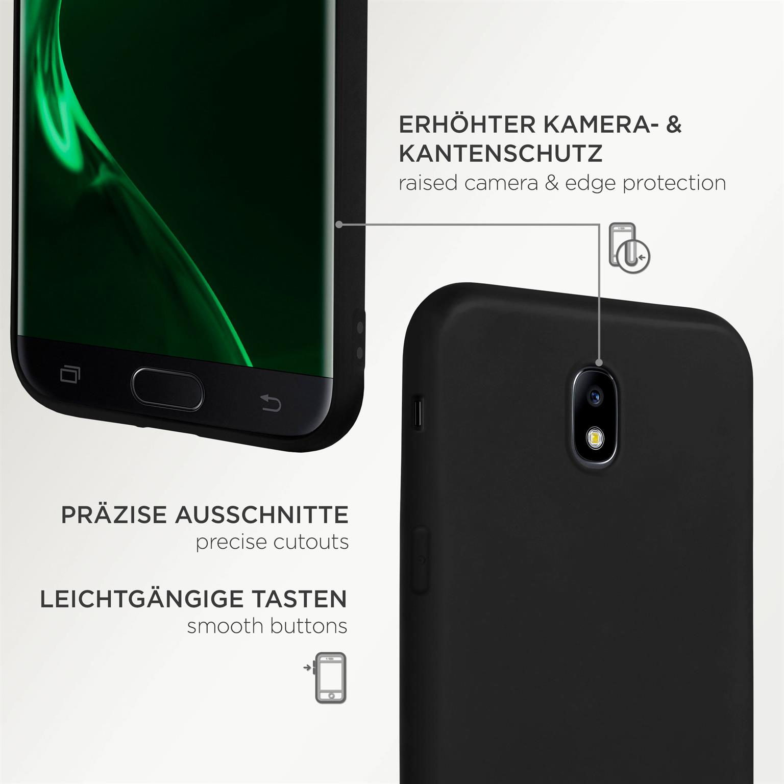 Smartphone in schwarzer Hülle. Text: präzise Aussparungen, glatte Tasten, erhöhter Kamera- und Kantenschutz.