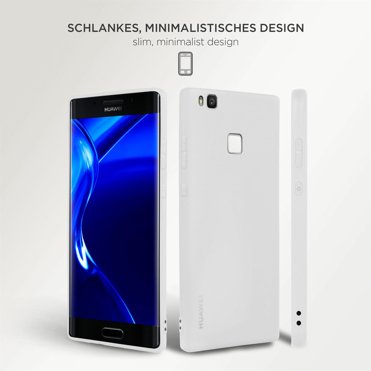 Weißes Handycase mit Telefon. Das Case zeigt Seitenansicht und Frontansicht. Minimalistisches Design.