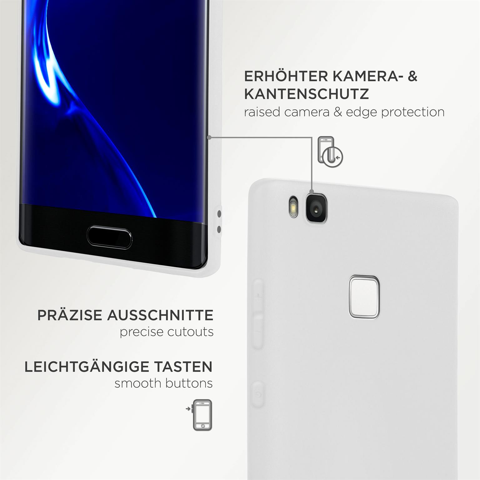 Weiße Handyhülle mit präzisen Aussparungen und glatten Tasten. Erhöhter Kamera- und Kantenschutz.