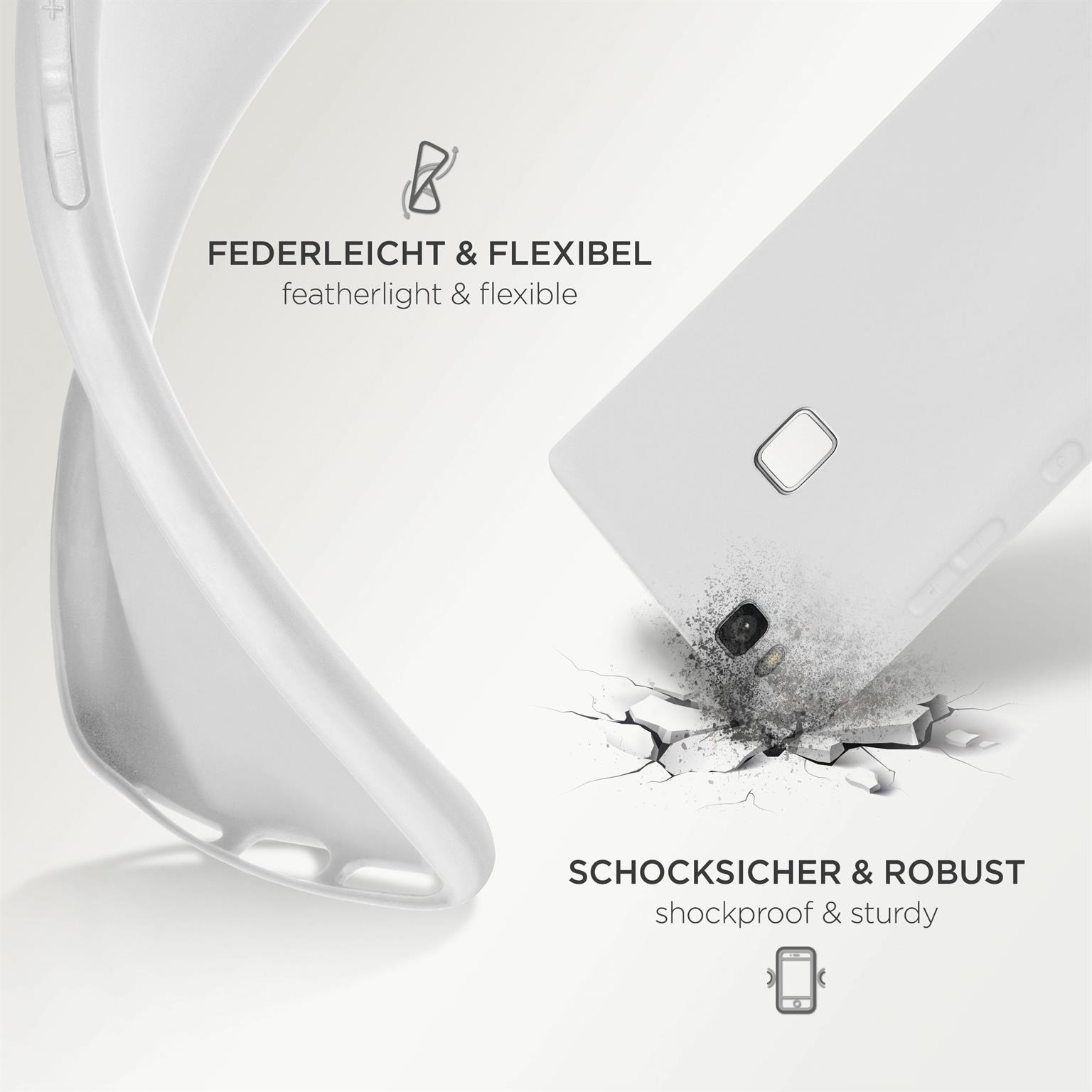 Weiße, flexible Handyhülle mit Rückseite und einem zerbrochenen Telefon auf weißem Untergrund.