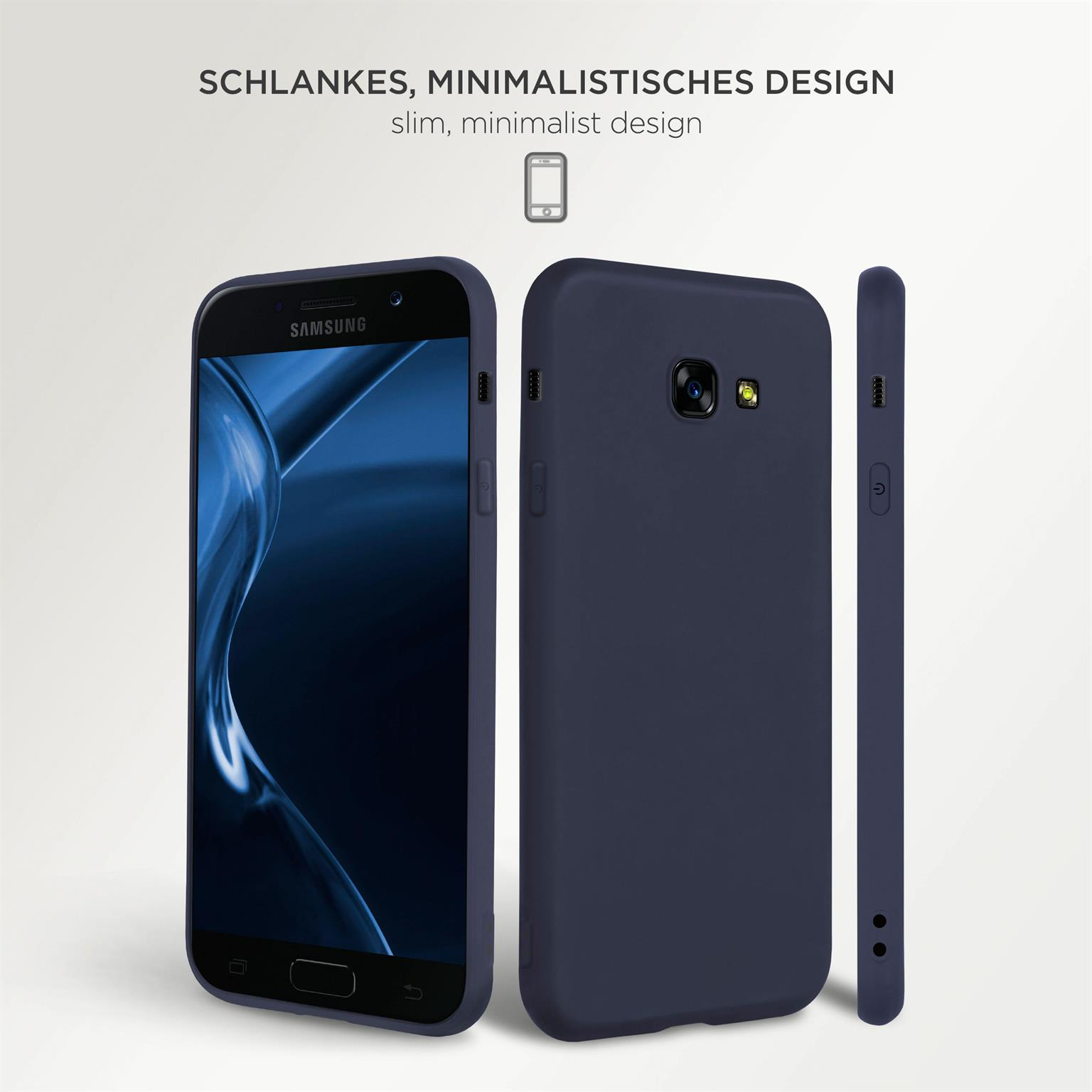 Eine marineblaue Handyhülle wird auf einem Telefon gezeigt. Das Telefon hat einen schwarzen Bildschirm.