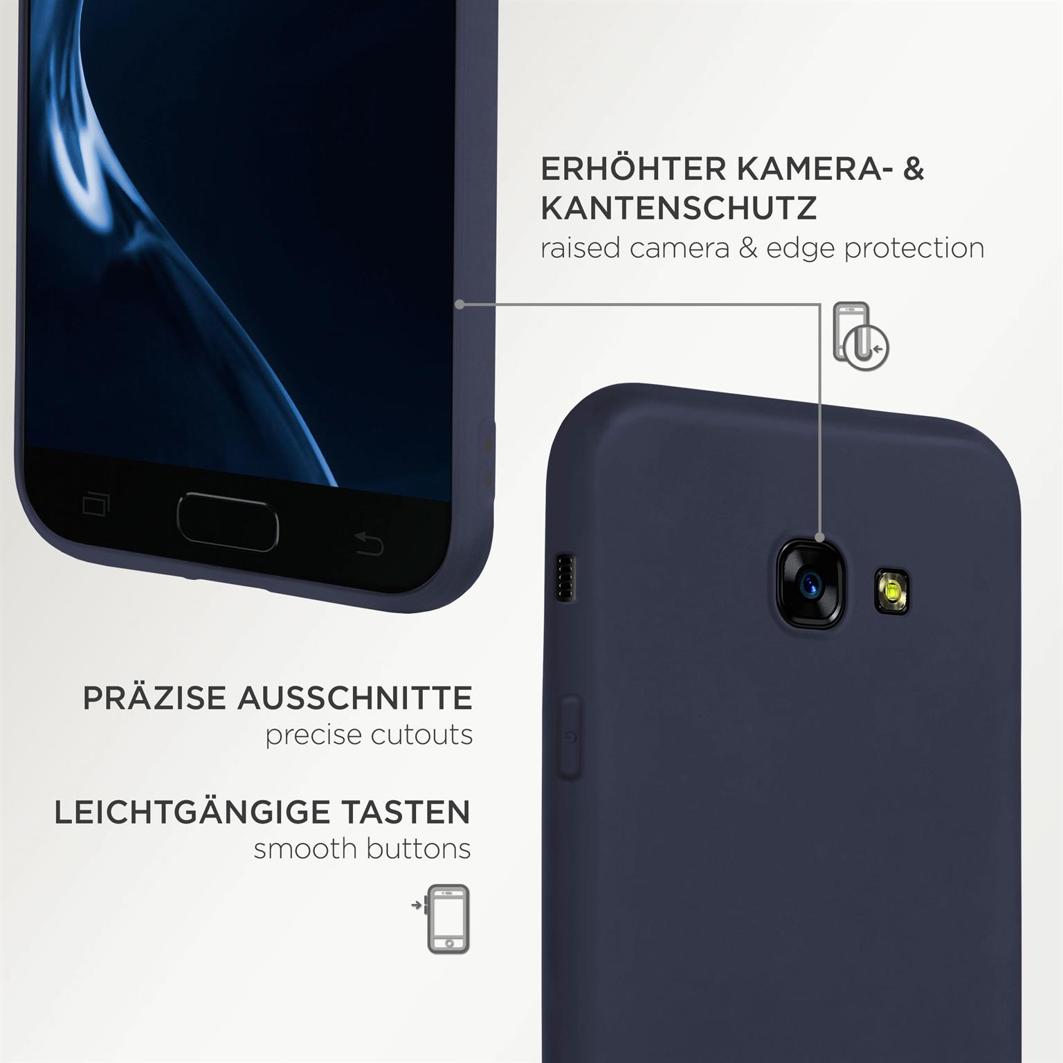 Eine marineblaue Handyhülle mit einem Telefon, Text mit der Aufschrift 'Präzise Aussparungen' und 'Glatt Tasten'.