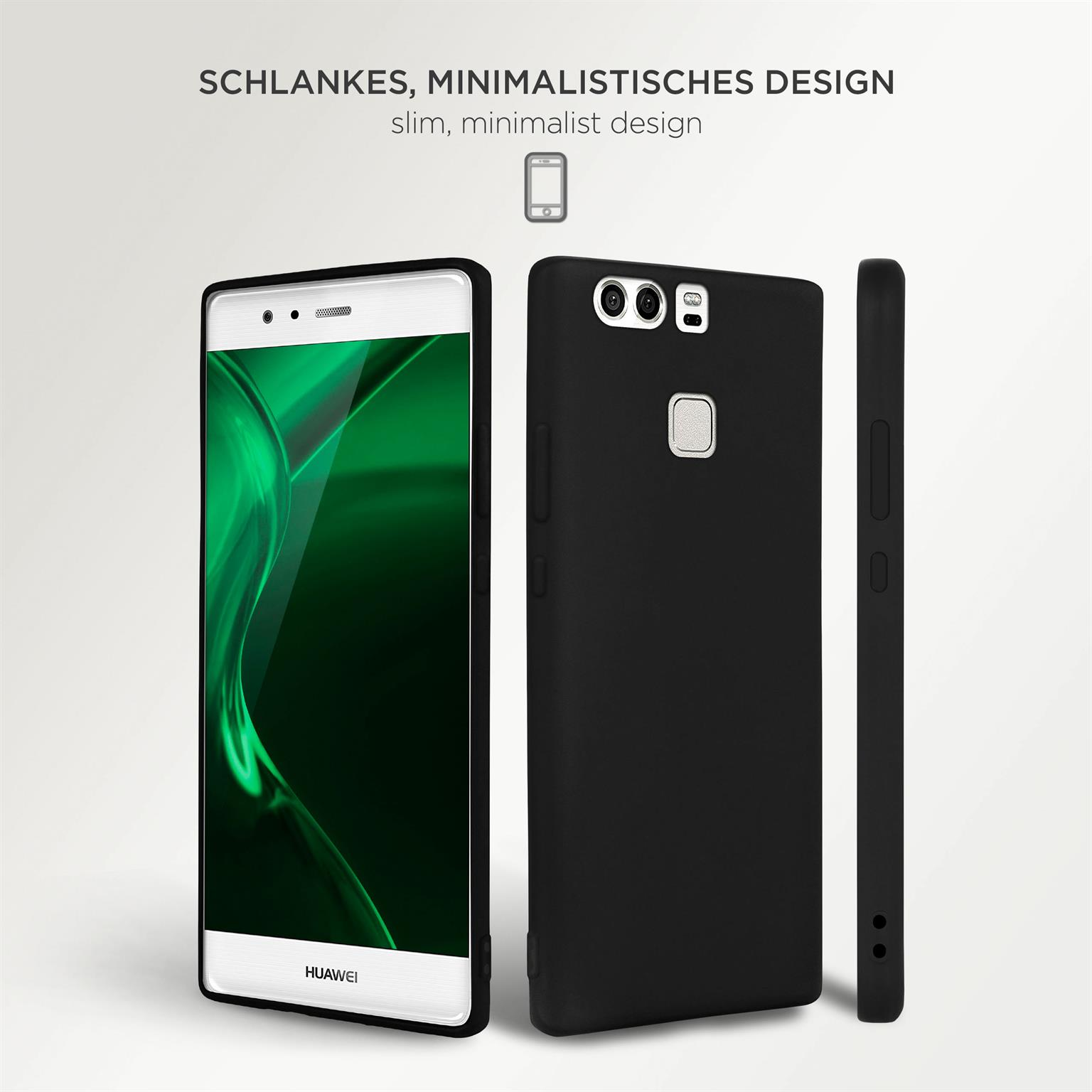 Drei Ansichten einer schwarzen Handyhülle. In einer Ansicht ist ein Telefon mit grünem Bildschirm sichtbar.