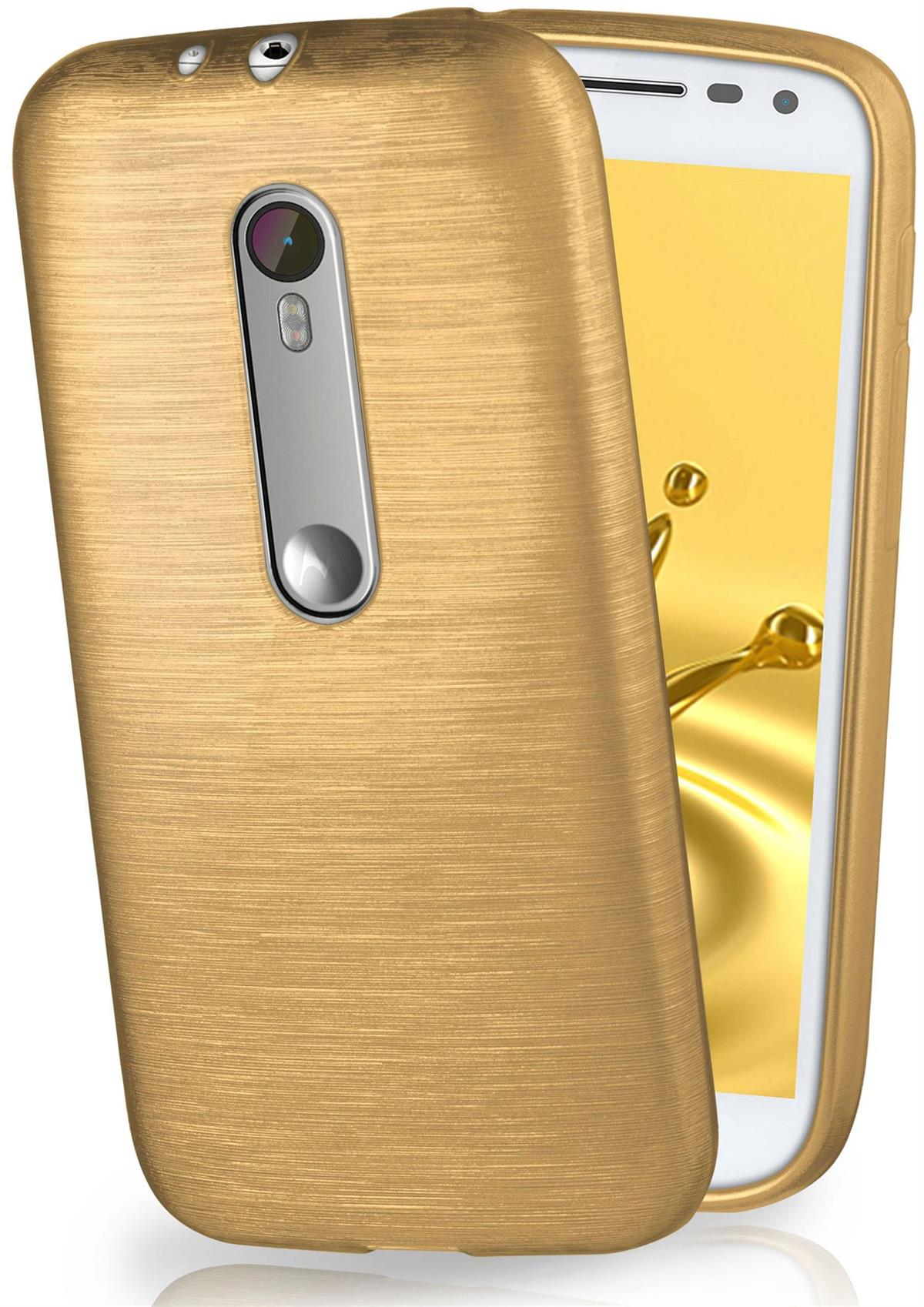 Goldenes Telefon mit Handyhülle. Eine weitere Hülle im Hintergrund.
