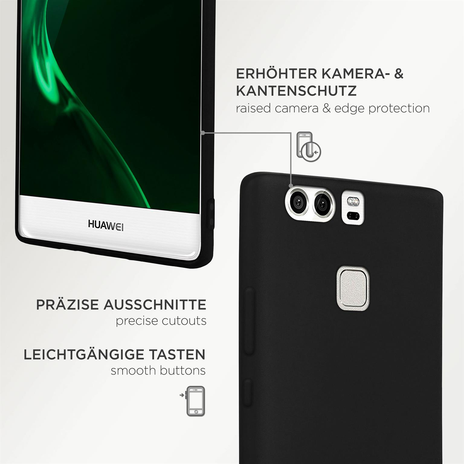 Schwarze Handyhülle mit Huawei-Logo, Detail und Text auf Englisch und Deutsch.