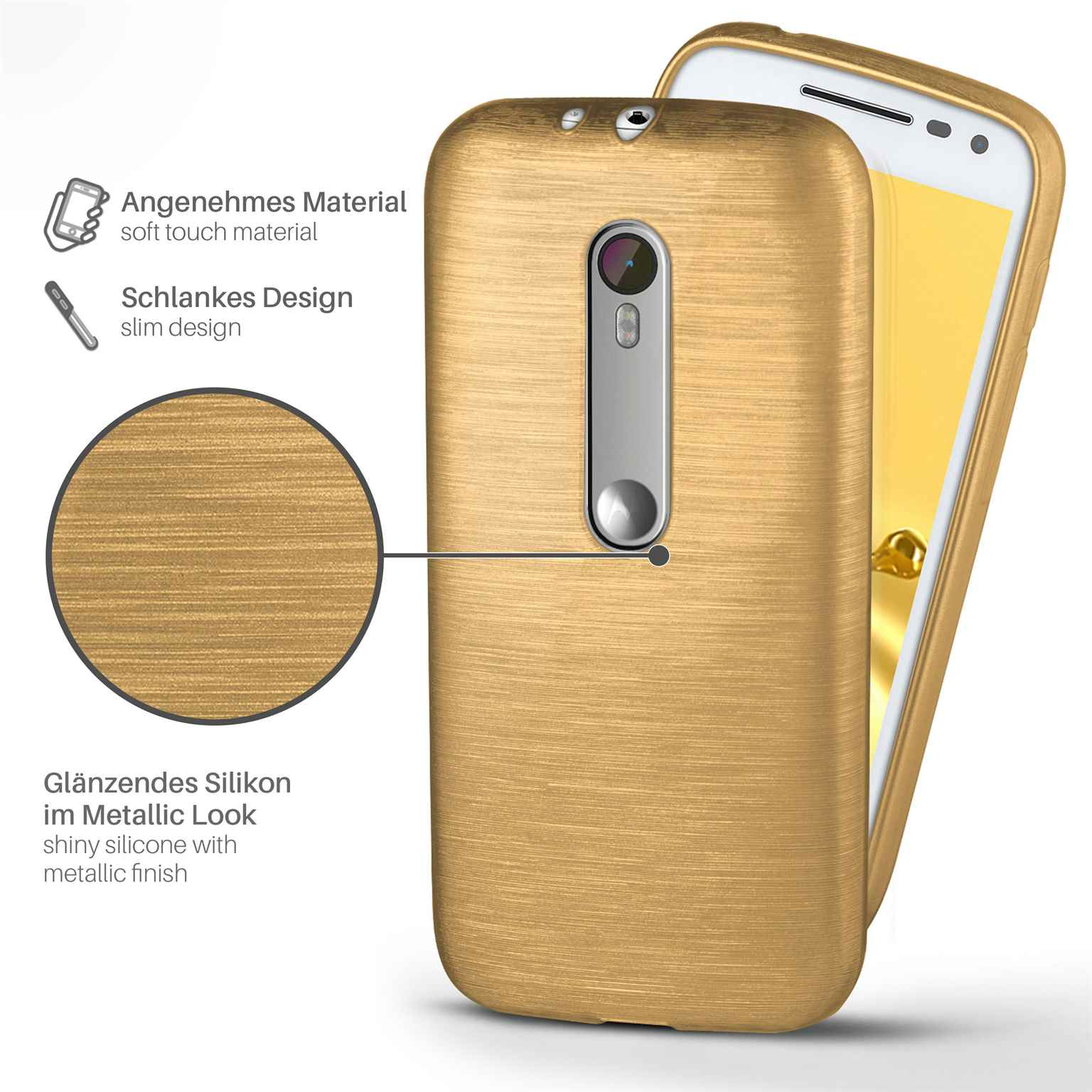 Goldene Handyhülle, glänzendes Silikon, mit schlankem Design.