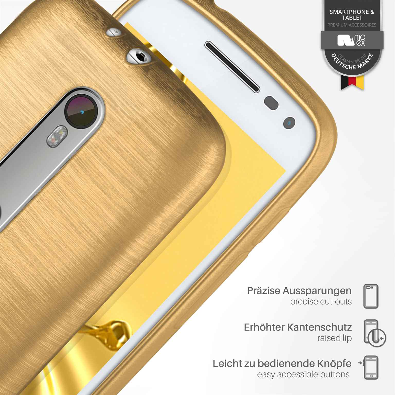 Goldene Handyhülle mit weißem Telefon. Ausschnitte und erhöhte Lippe sichtbar.