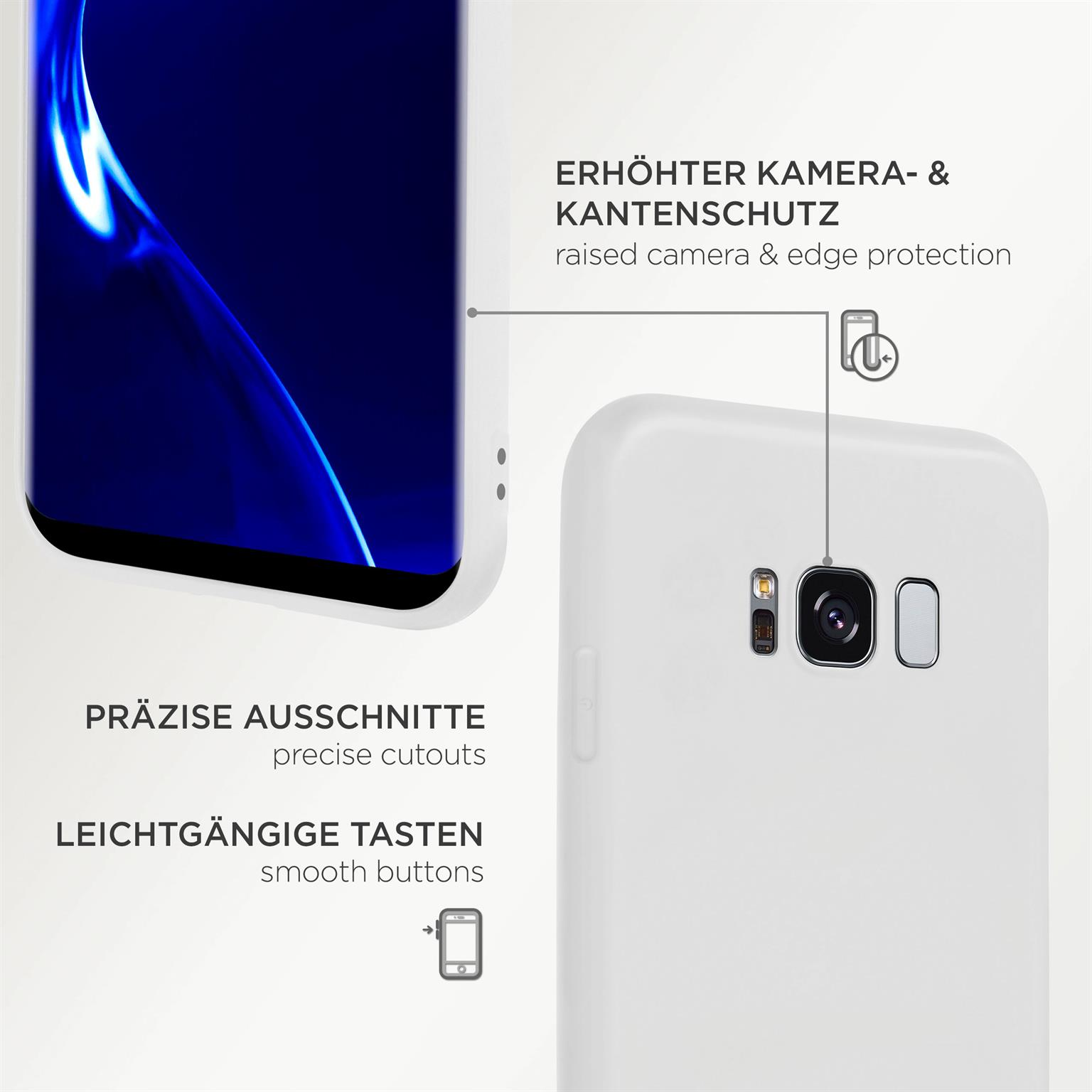 Weiße Handyhülle mit Telefon. Text: Präzise Ausschnitte, leichtgängige Tasten.