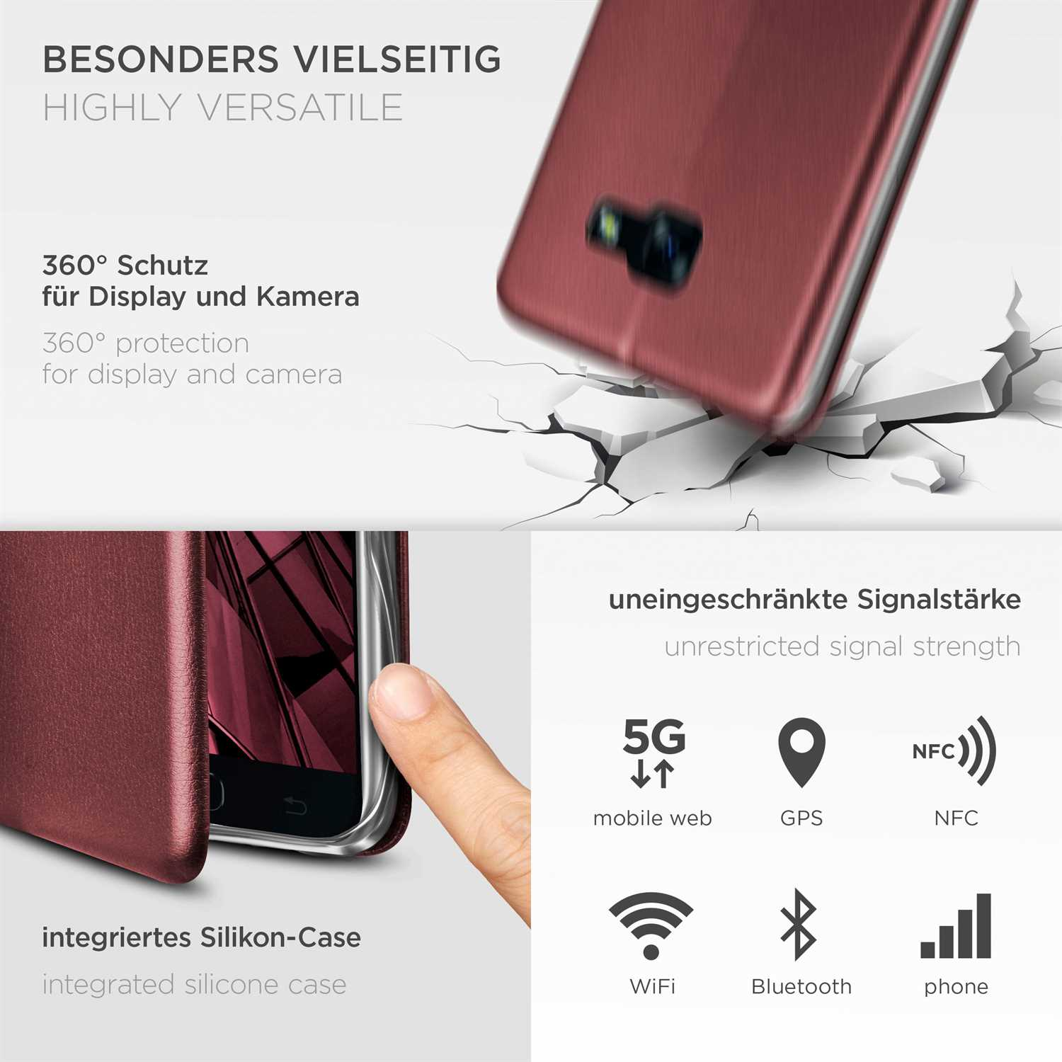 Rote Handyhülle und Telefon. Die Handyhülle liegt auf einer zerbrochenen Oberfläche. Silikonhülle innen.