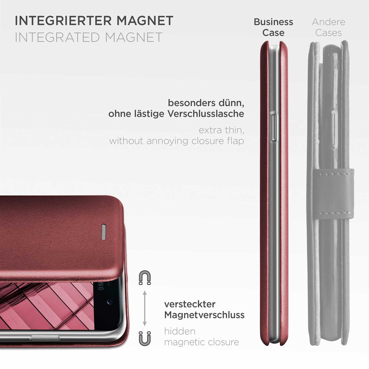 Eine Handyhülle mit rotem Lederbezug und eine offene Hülle daneben. Text beschreibt Magnetverschluss.