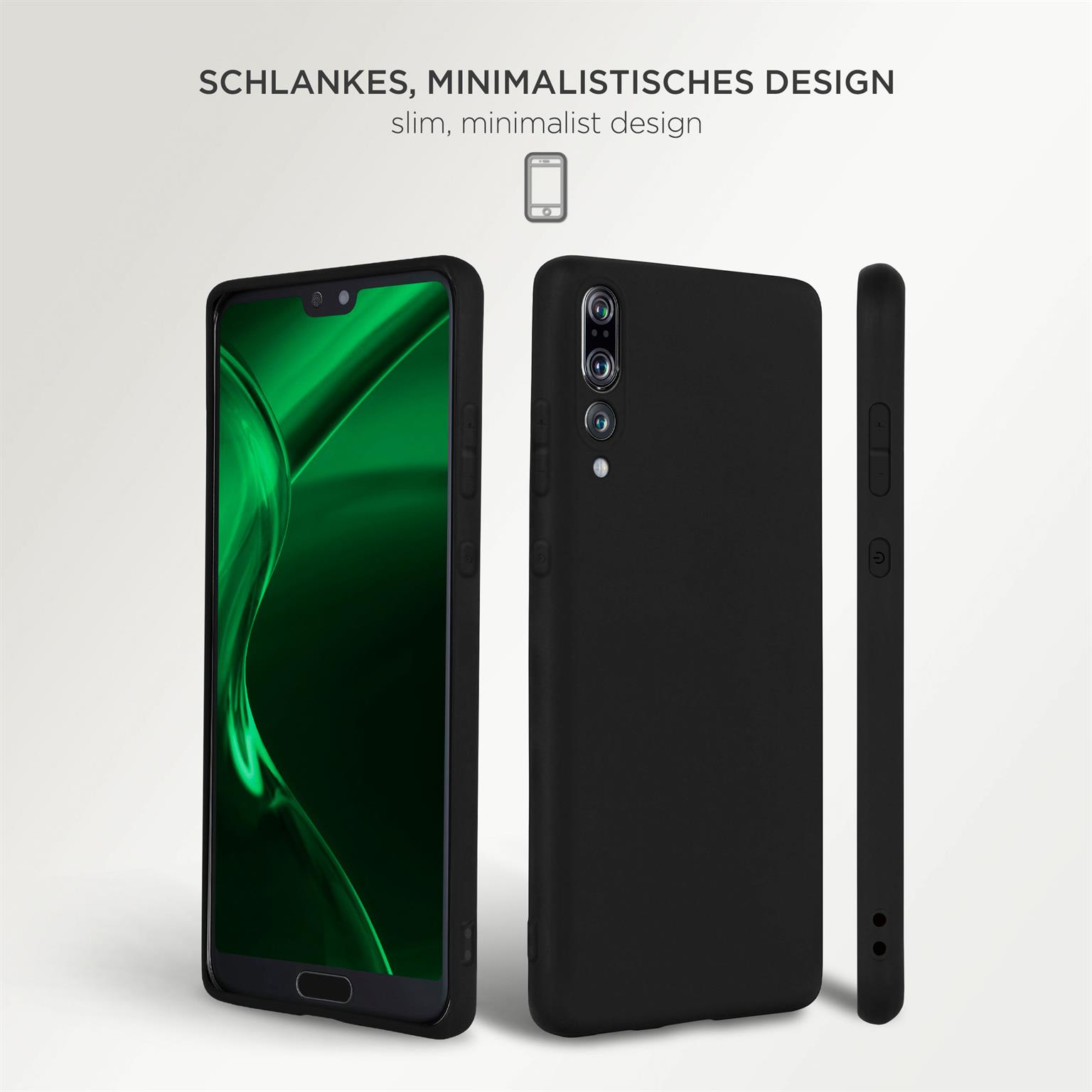 Drei Ansichten einer schwarzen Handyhülle auf weißem Hintergrund, mit Textüberlagerung.