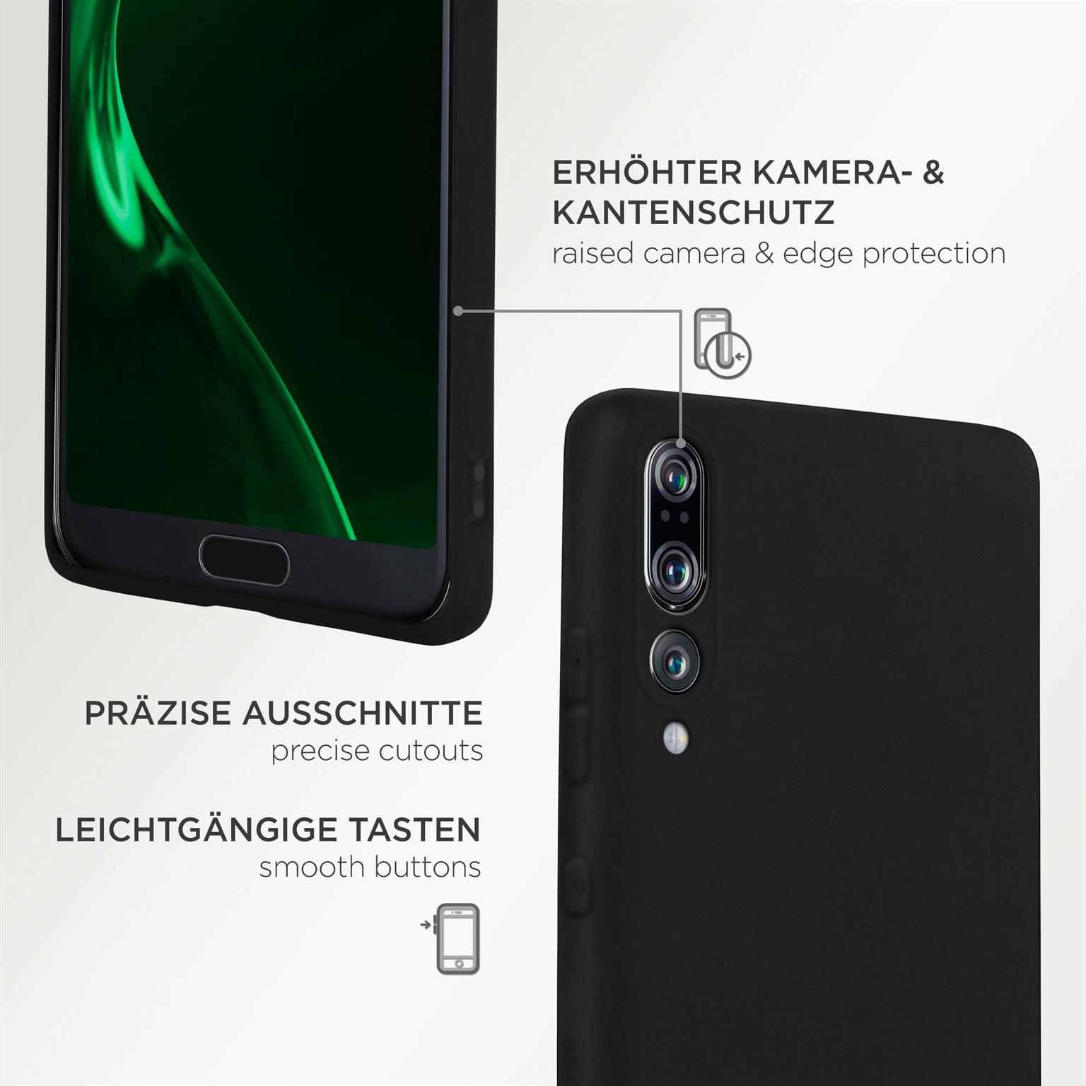Nahaufnahme einer schwarzen Handyhülle mit präzisen Aussparungen, erhöhtem Kameraschutz und glatten Tasten.
