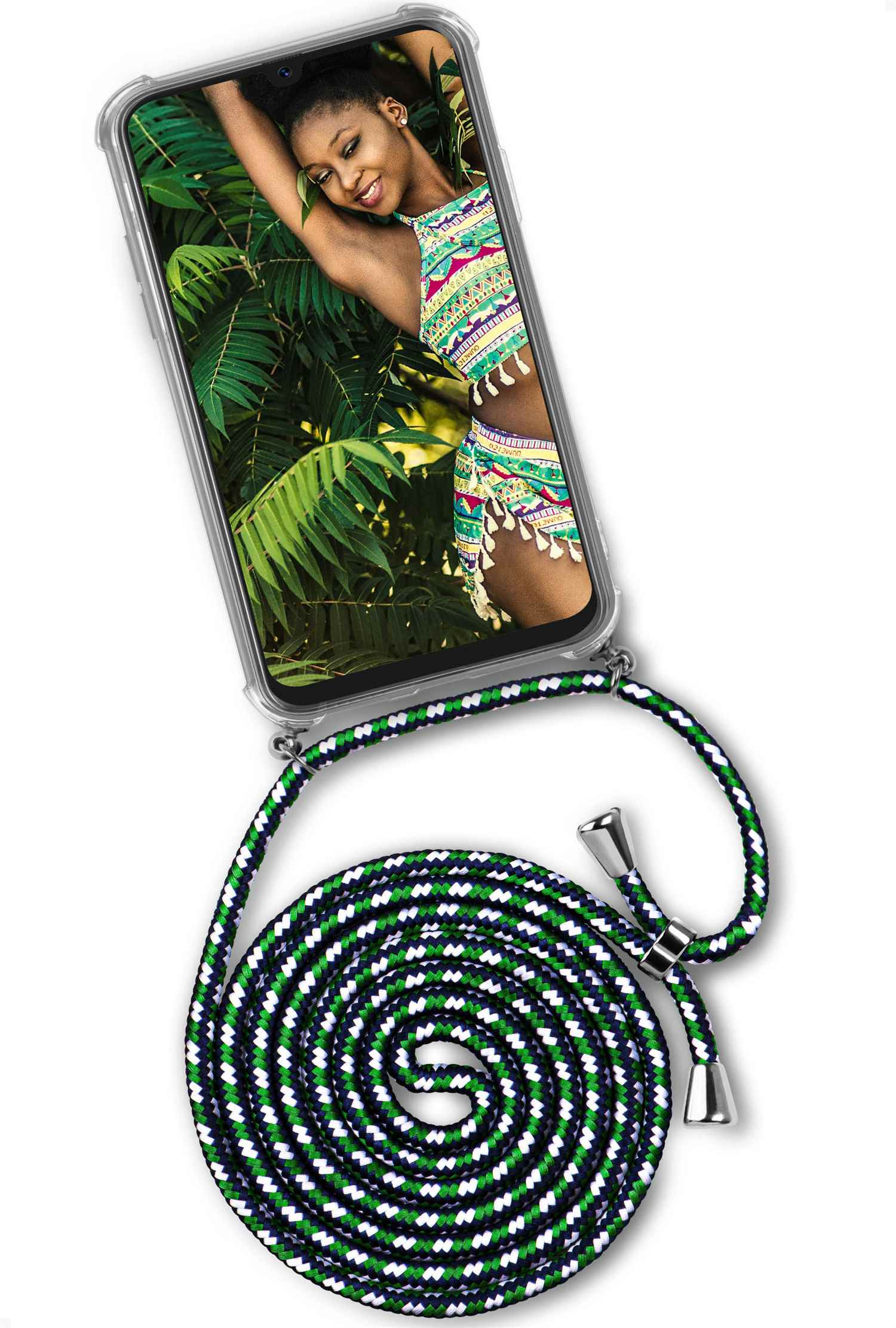 Telefon mit transparentem Gehäuse und grün/weiß/blauem Kabel. Das Telefon zeigt eine Frau.