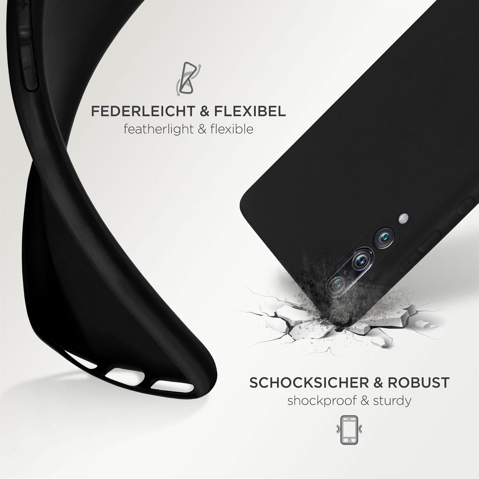 Schwarze Handyhülle. Die Hülle ist flexibel und stoßfest. Die Handyhülle wird gebogen.