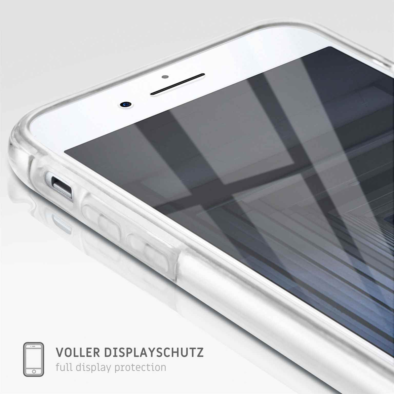 Eine Nahaufnahme einer Telefonhülle. Sie ist transparent und zeigt den Bildschirm des Telefons.