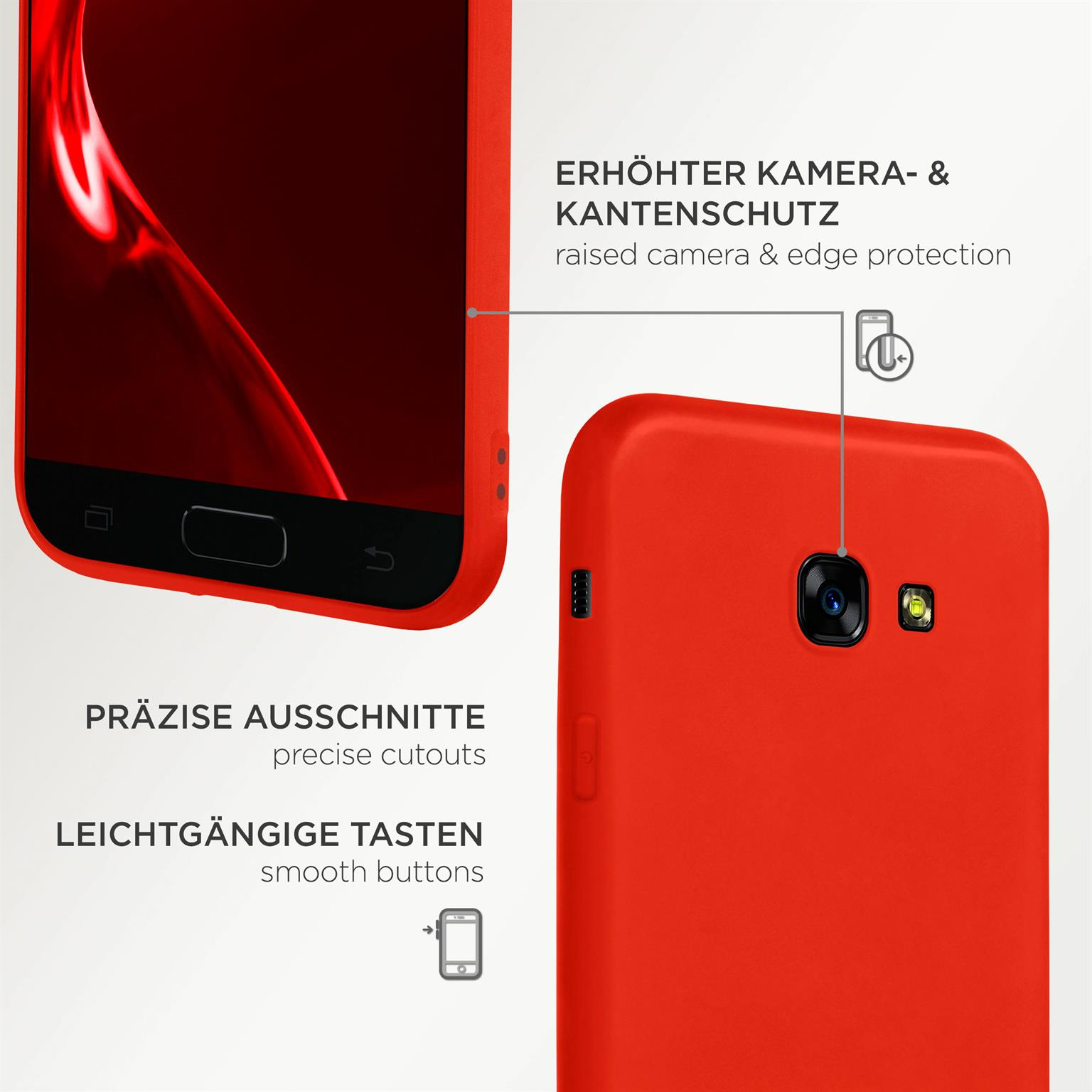 Rote Handyhülle mit präzisen Aussparungen und glatten Tasten. Erhöhter Kamera- und Kantenschutz. Weißer Hintergrund.
