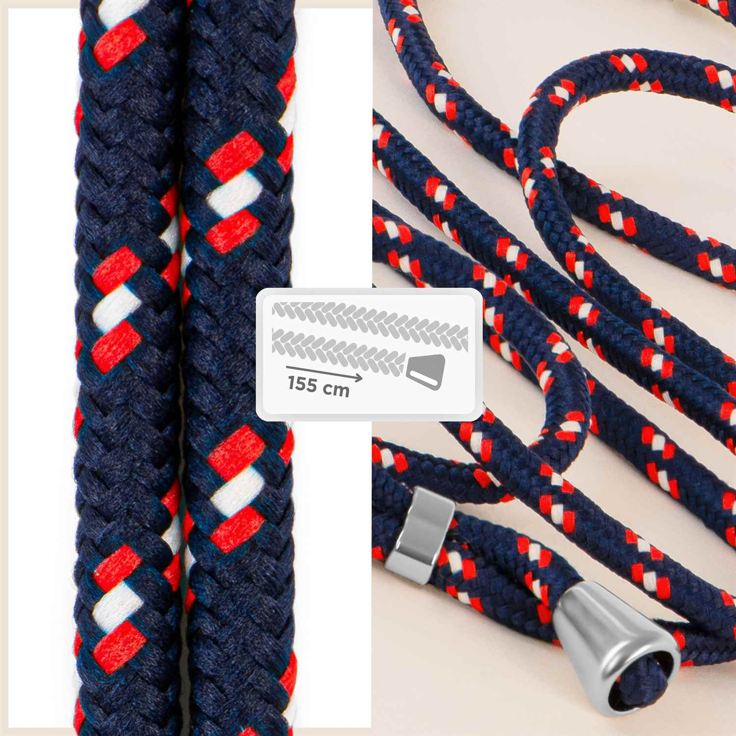 Ein Handy-Lanyard in Marineblau und Rot mit einem gewebten Design.