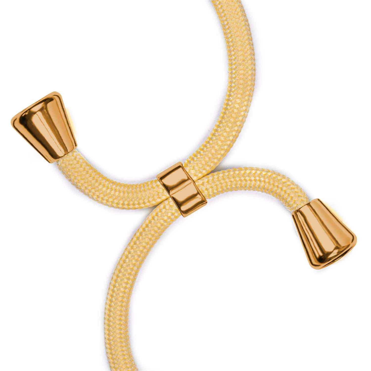 Goldene Handykordel mit goldenen Akzenten. Kordel kreuzt sich mit Goldringen. Goldene konische Enden.