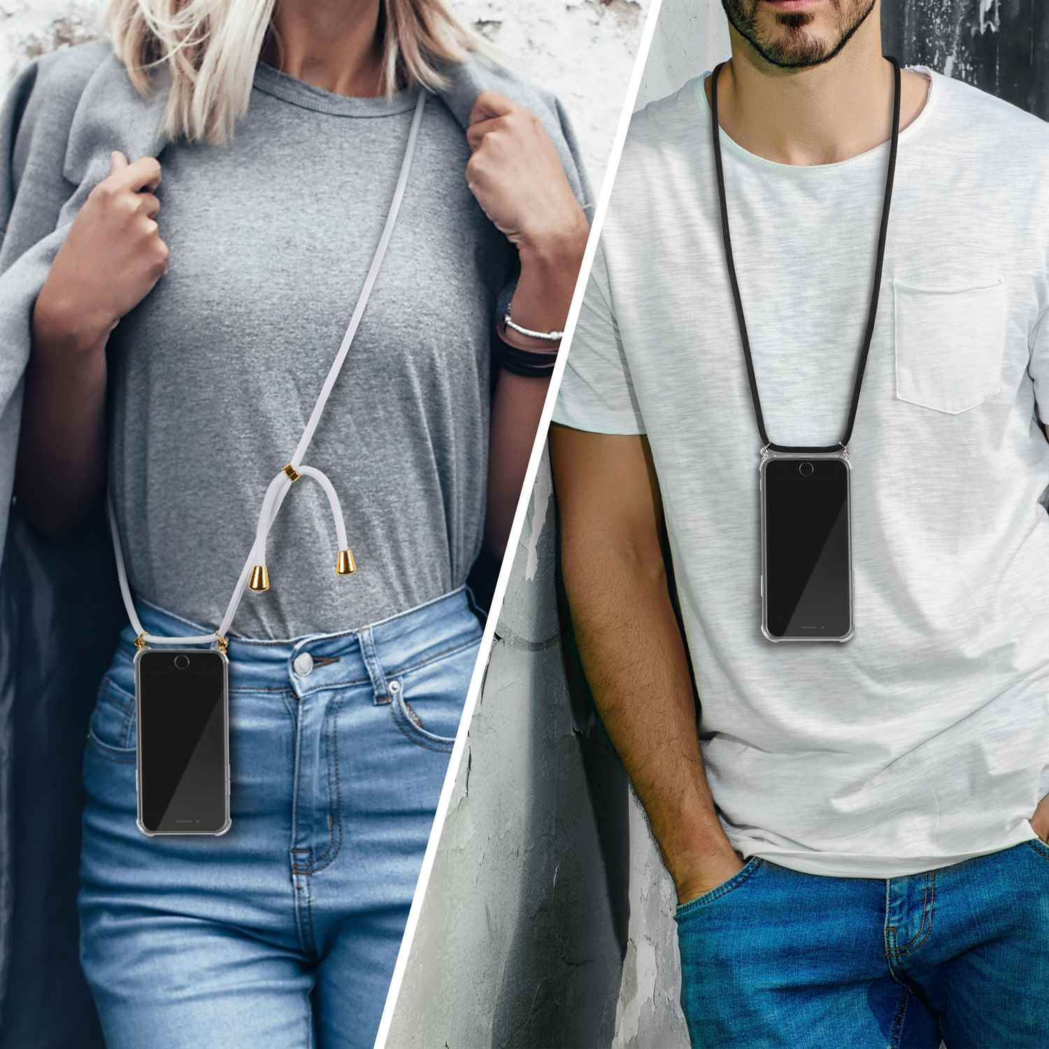 Zwei Personen tragen eine Handyhülle mit Lanyard. Eine ist blond, die andere hat einen Bart. Beide tragen Freizeitkleidung.