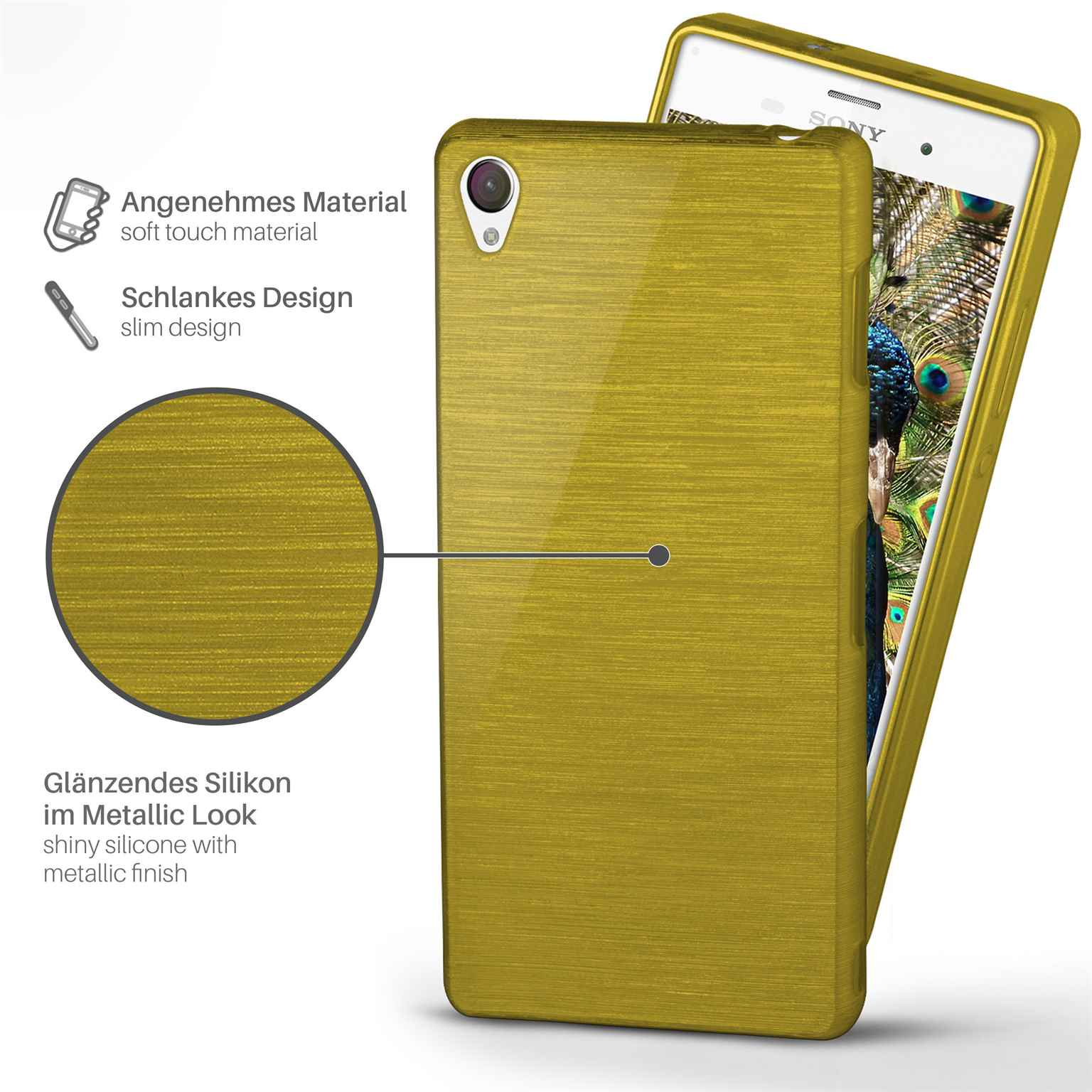 Goldene Handyhülle auf einem Telefon, mit Text über weiches Material und schlankes Design.