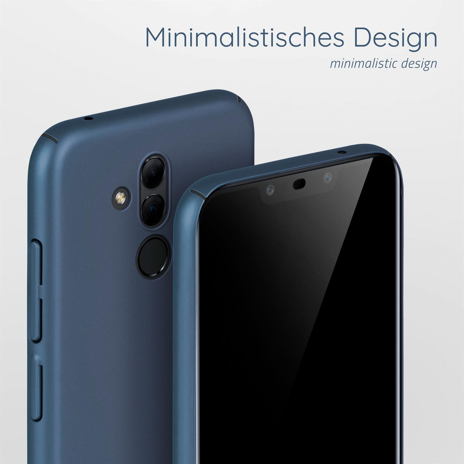 Minimalistisches Design: blaue Handyhülle mit Dual-Kamera und schwarzem Telefonbildschirm.