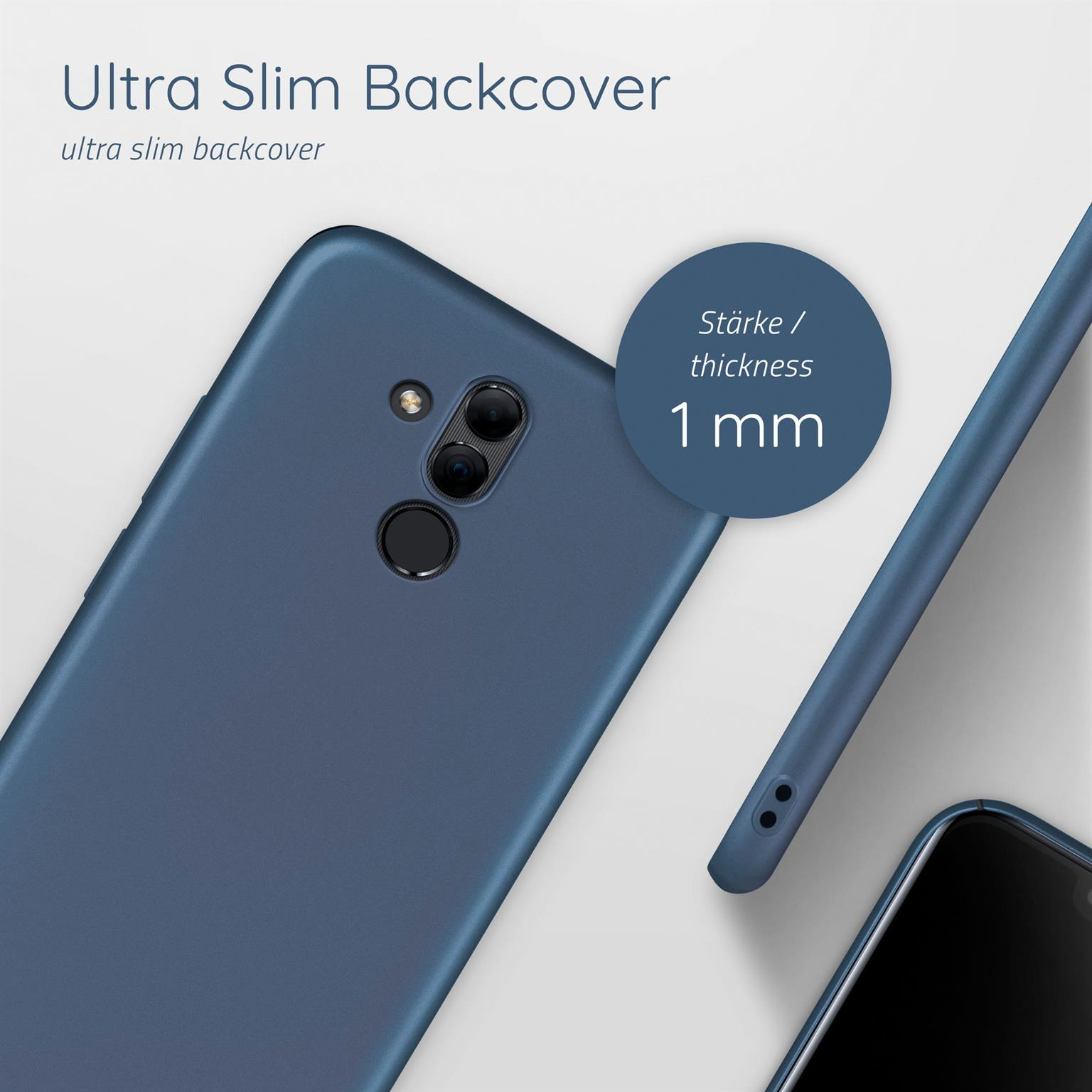 Nahaufnahme einer blauen Handyhülle. Text: Ultra Slim Backcover, 1 mm Dicke.