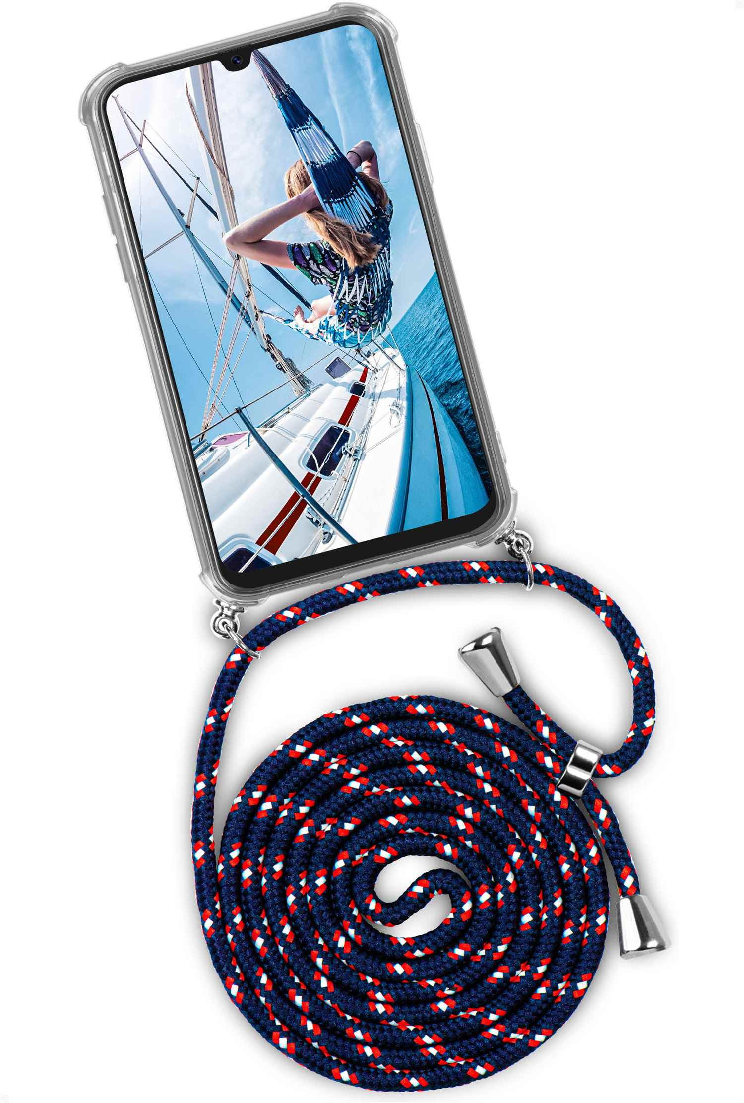 Blaues, weißes und rotes Seil-Handycase. Das Telefon zeigt ein Segelboot auf dem Wasser.