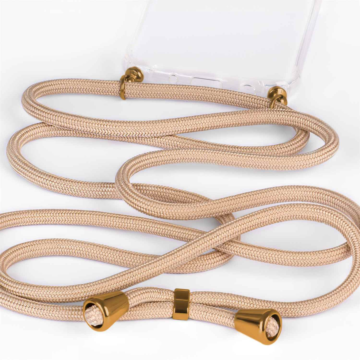 Telefonriemen mit goldenen Enden und Verbindern, auf weißer Oberfläche. Der Riemen ist beige.