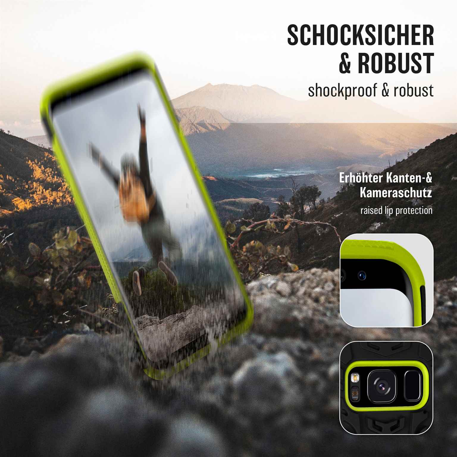 Ein Telefon mit einer limettengrünen Hülle wird in einer Außenszene gezeigt. Das Telefon scheint heruntergefallen zu sein. Text auf Deutsch.