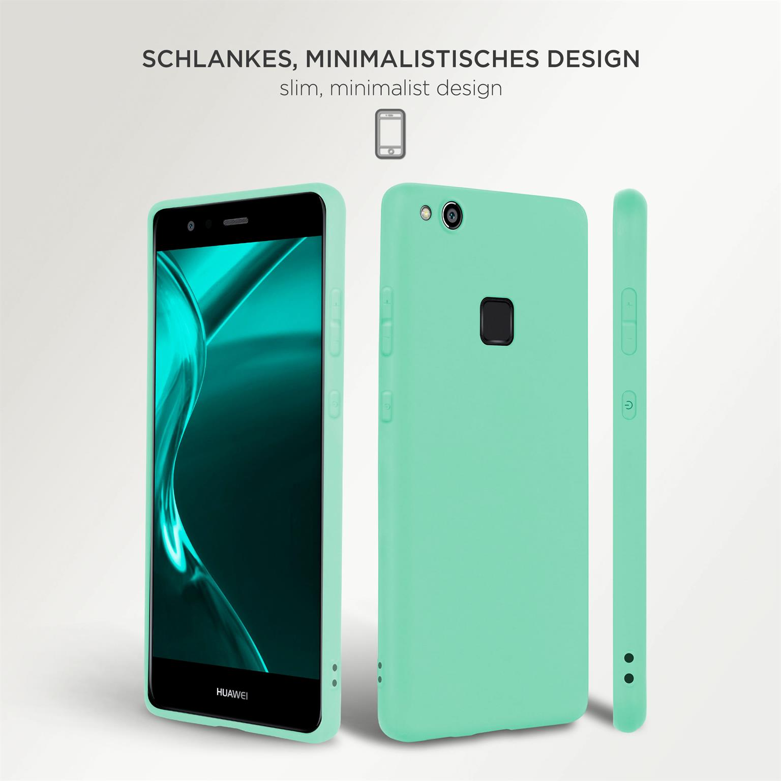 Eine mintgrüne Handyhülle und ein Telefon aus verschiedenen Blickwinkeln dargestellt. Text auf Deutsch.