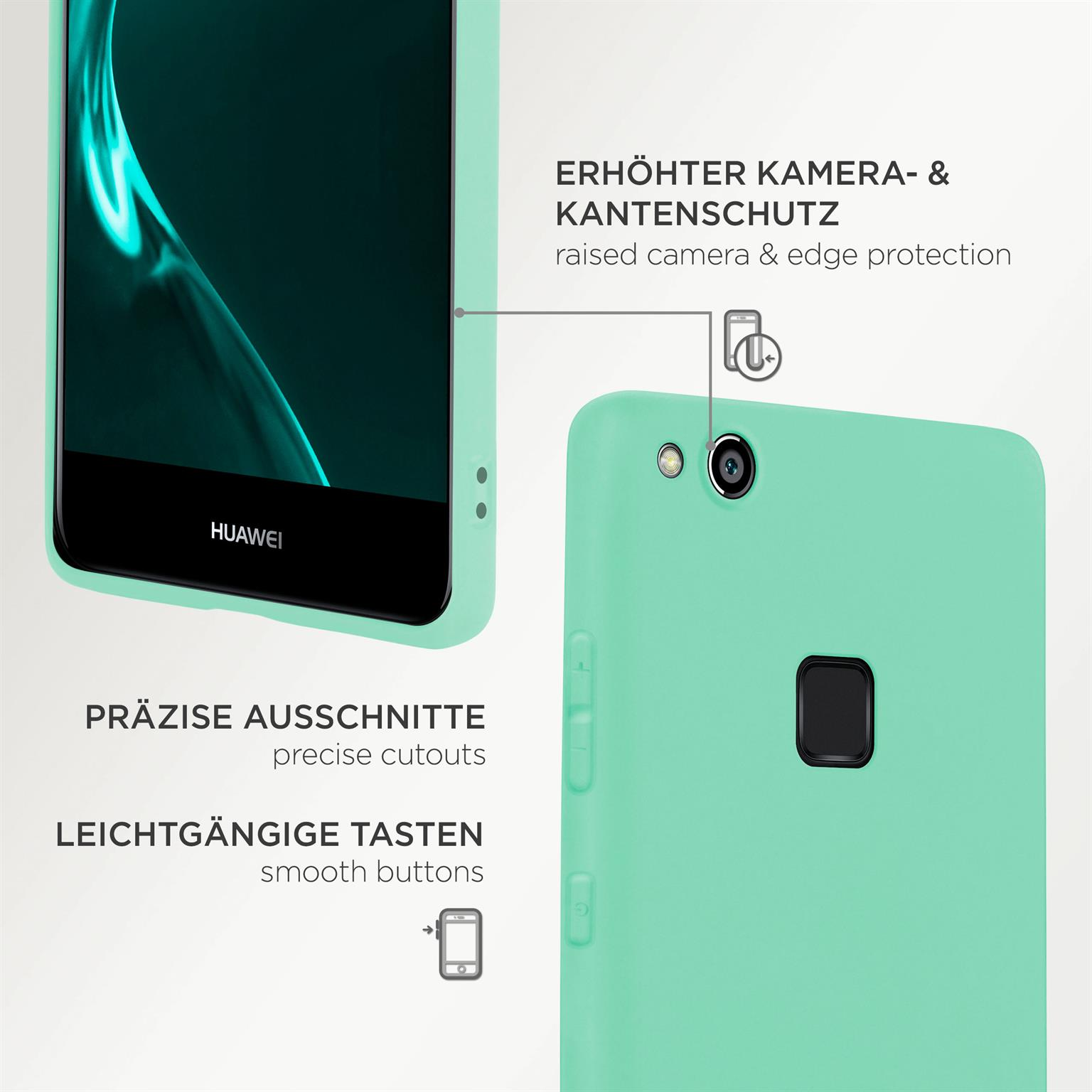 Eine mintgrüne Handyhülle mit einem Telefon links, das die Marke Huawei zeigt.