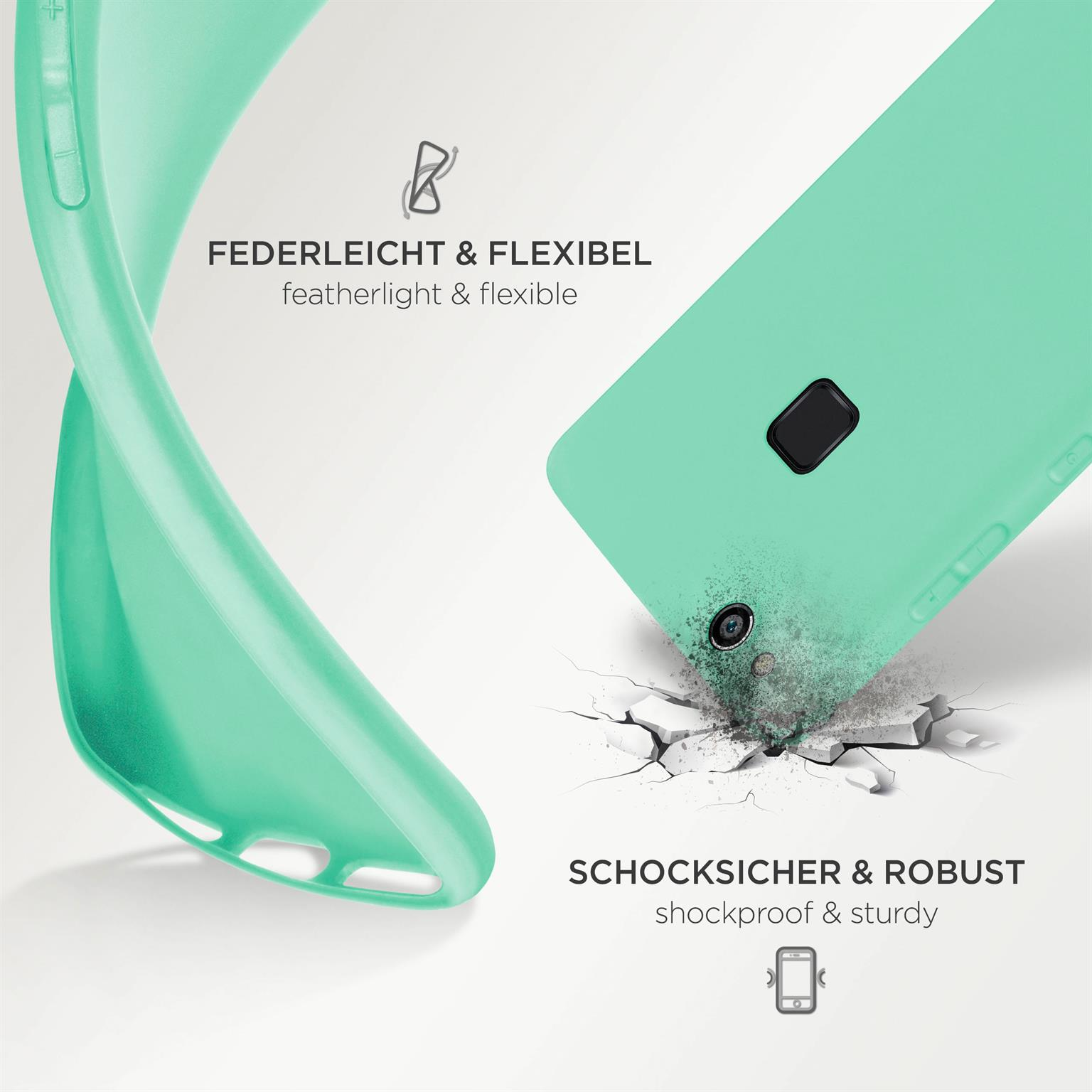 Grüne Handyhülle, flexibel und stoßfest. Rechts zeigt das Telefon die Kamera. Hintergrund ist weiß.