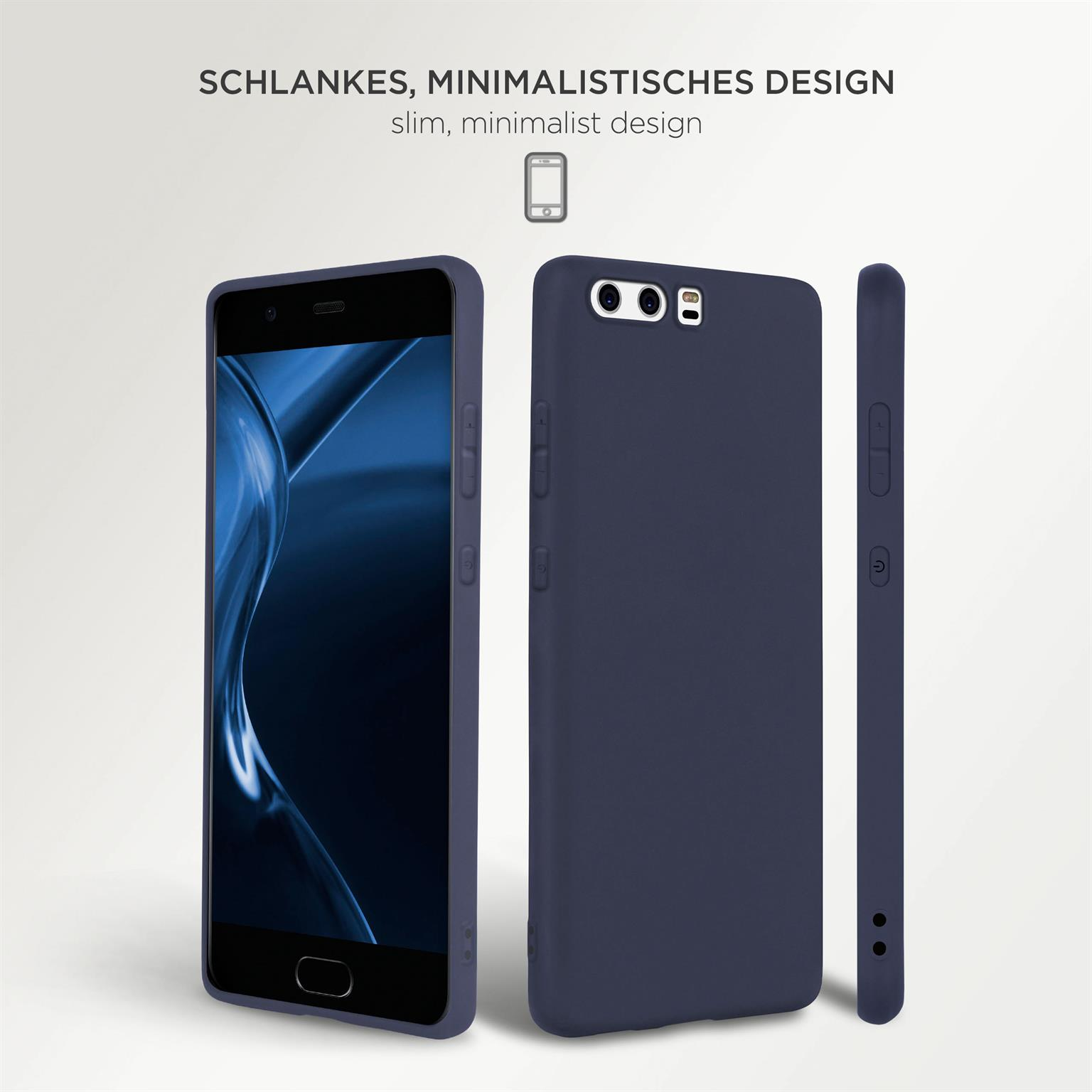 Drei Ansichten einer marineblauen Handyhülle. Schlankes und minimalistisches Design.