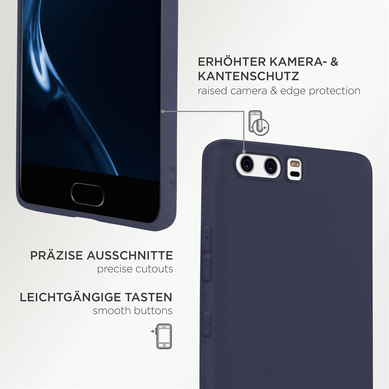 Dunkelblaue Handyhülle. Merkmale auf Deutsch: Kamera- und Kantenschutz, präzise Aussparungen, glatte Tasten.