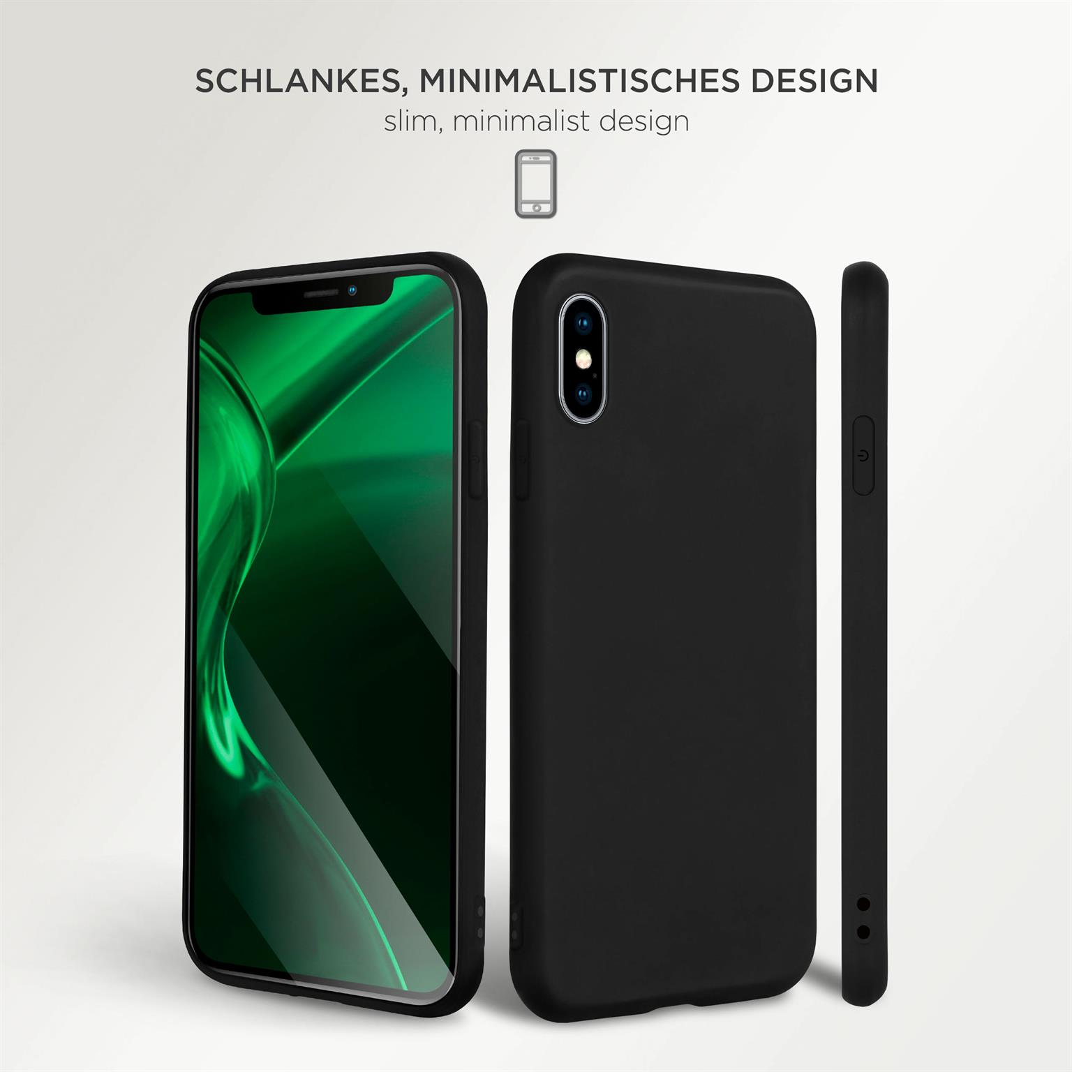 Drei Ansichten einer schwarzen Handyhülle mit einem Handy, das einen grünen Hintergrund anzeigt.